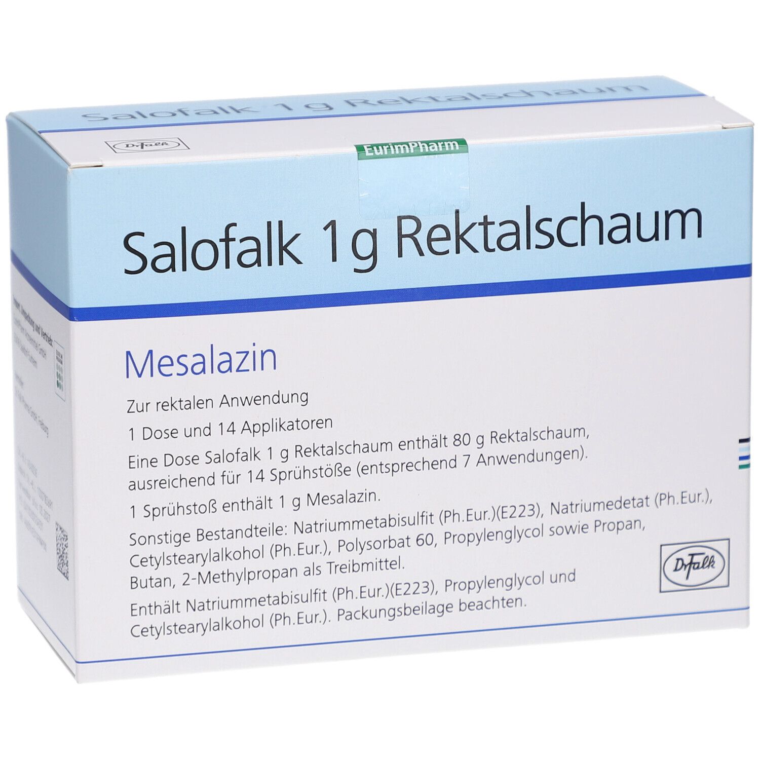 Schachtel Salofalk 1 g Rektalschaum. Text: Mesalazin, 1 Dose und 14 Applikatoren. Inhaltsstoffe. Logo Dr. Falk.