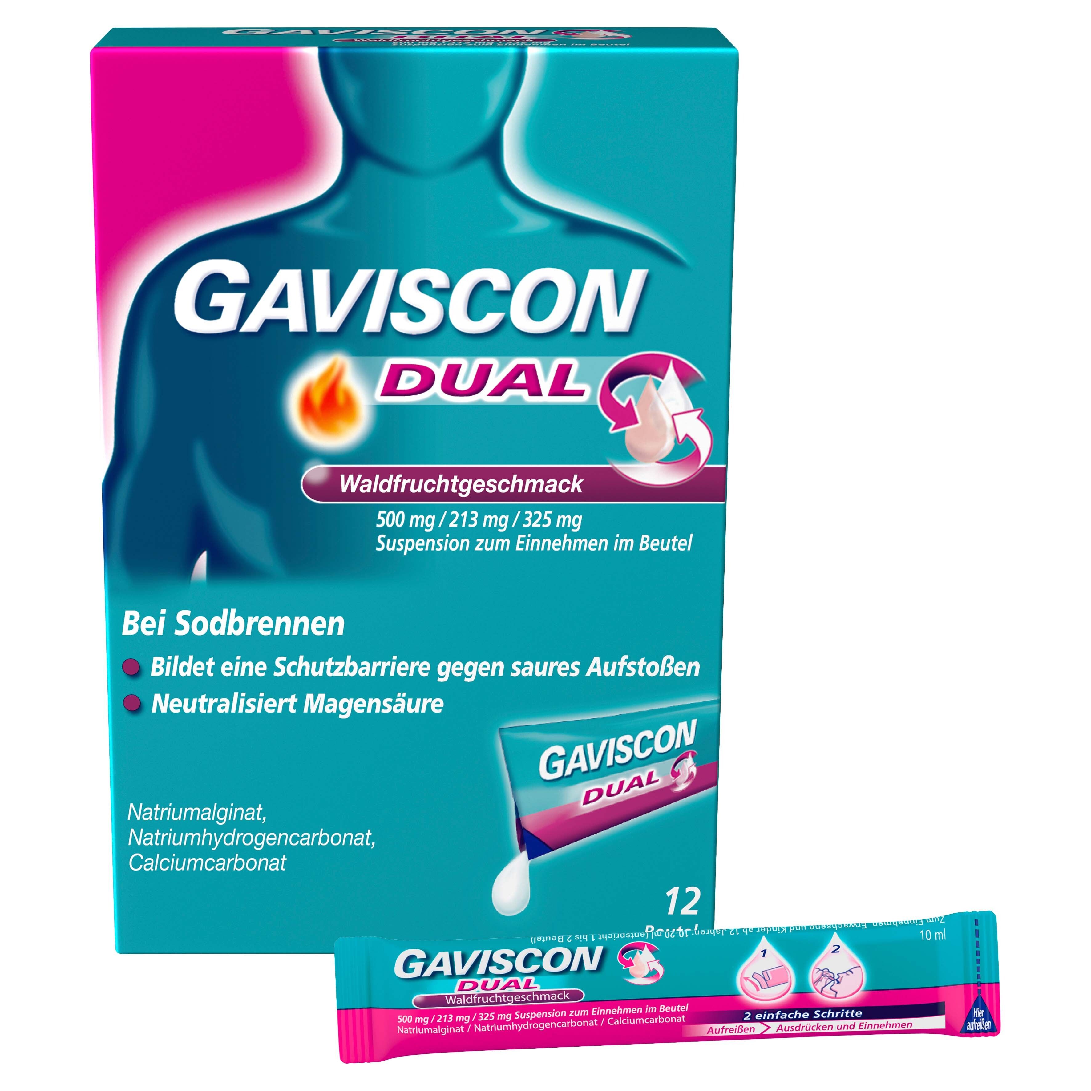 Verpackung von GAVISCON Dual Suspension. Enthält 12 Beutel. Aufschrift: Waldfruchtgeschmack. Ein Beutel wird aus der Verpackung entnommen.