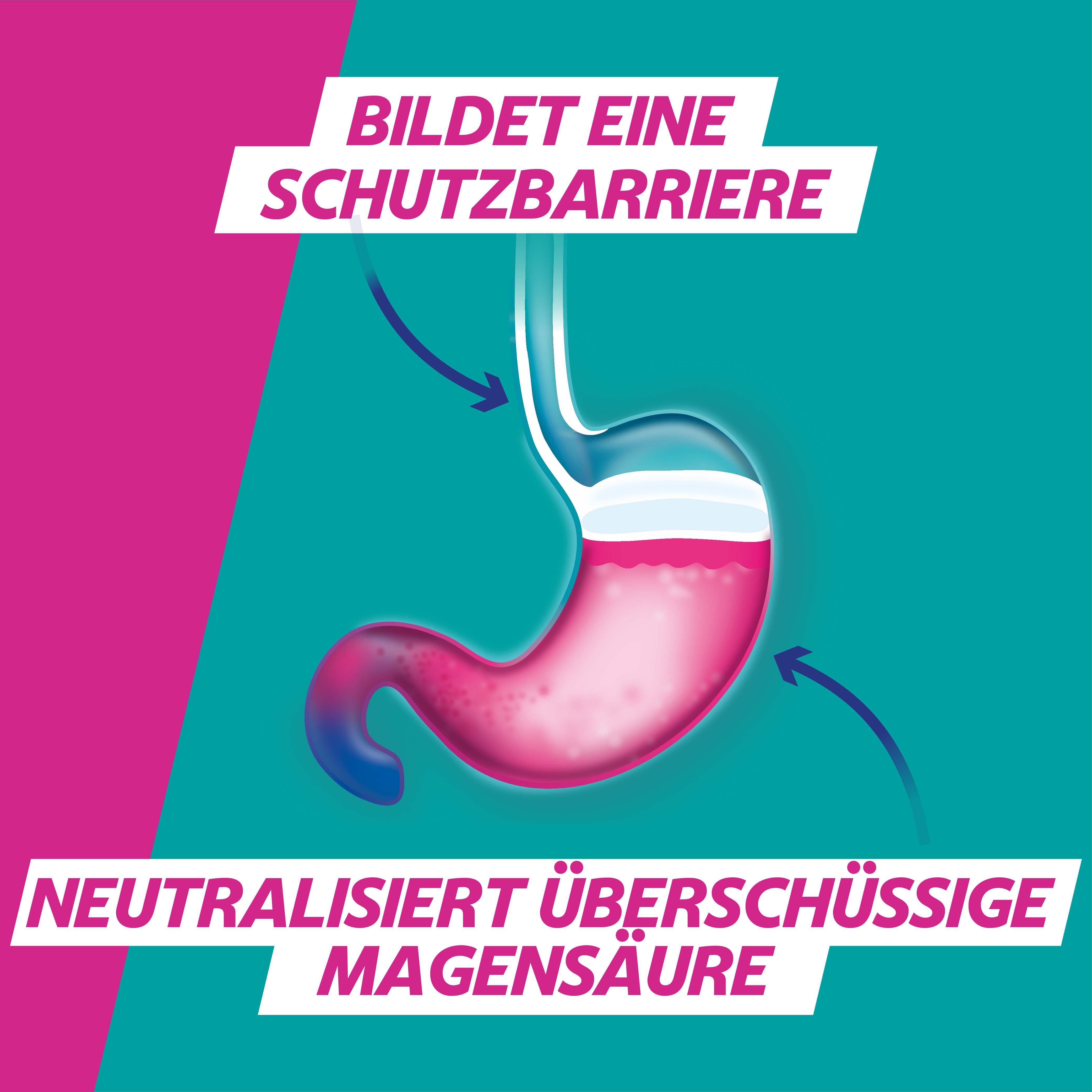 Grafische Darstellung eines Magens. Text: Bildet eine Schutzbarriere. Neutralisiert überschüssige Magensäure. Pfeile zeigen auf den Magen.