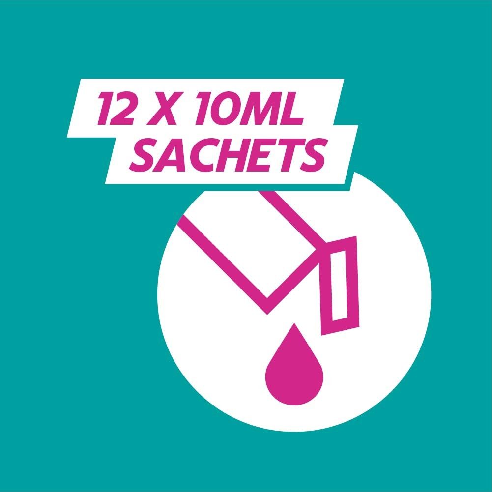Grafik mit Tropfen. Text: 12 x 10ml Sachets.
