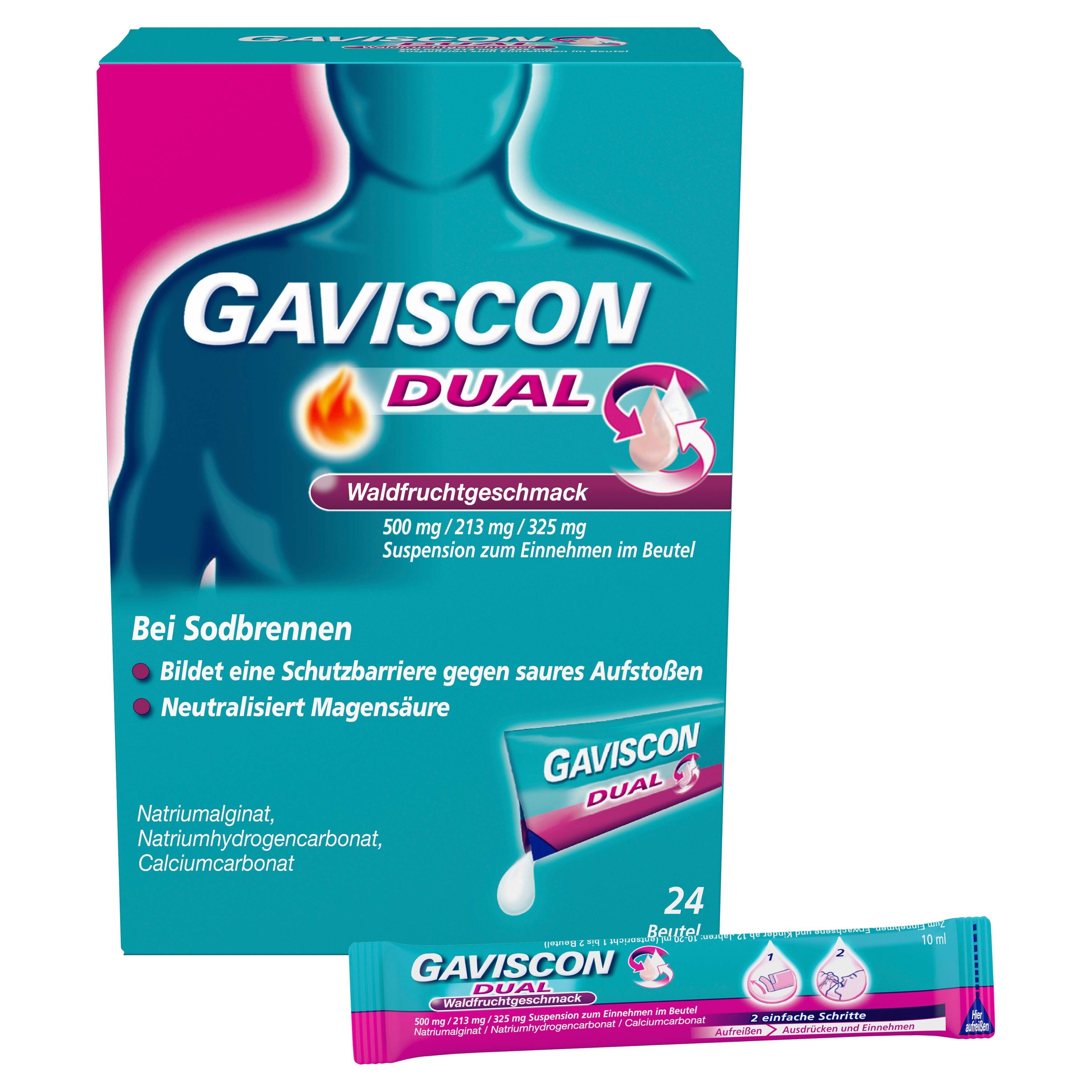 Schachtel und Beutel mit GAVISCON DUAL. Auf der Schachtel: Produktname, Geschmacksrichtung, Dosierung, Anwendung bei Sodbrennen. Beutel: 24 Stück.