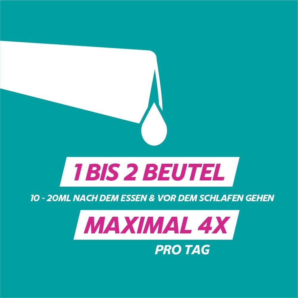 Text: 1 bis 2 Beutel, 10-20ml nach dem Essen & vor dem Schlafengehen. Maximal 4x pro Tag. Tropfen fallen.