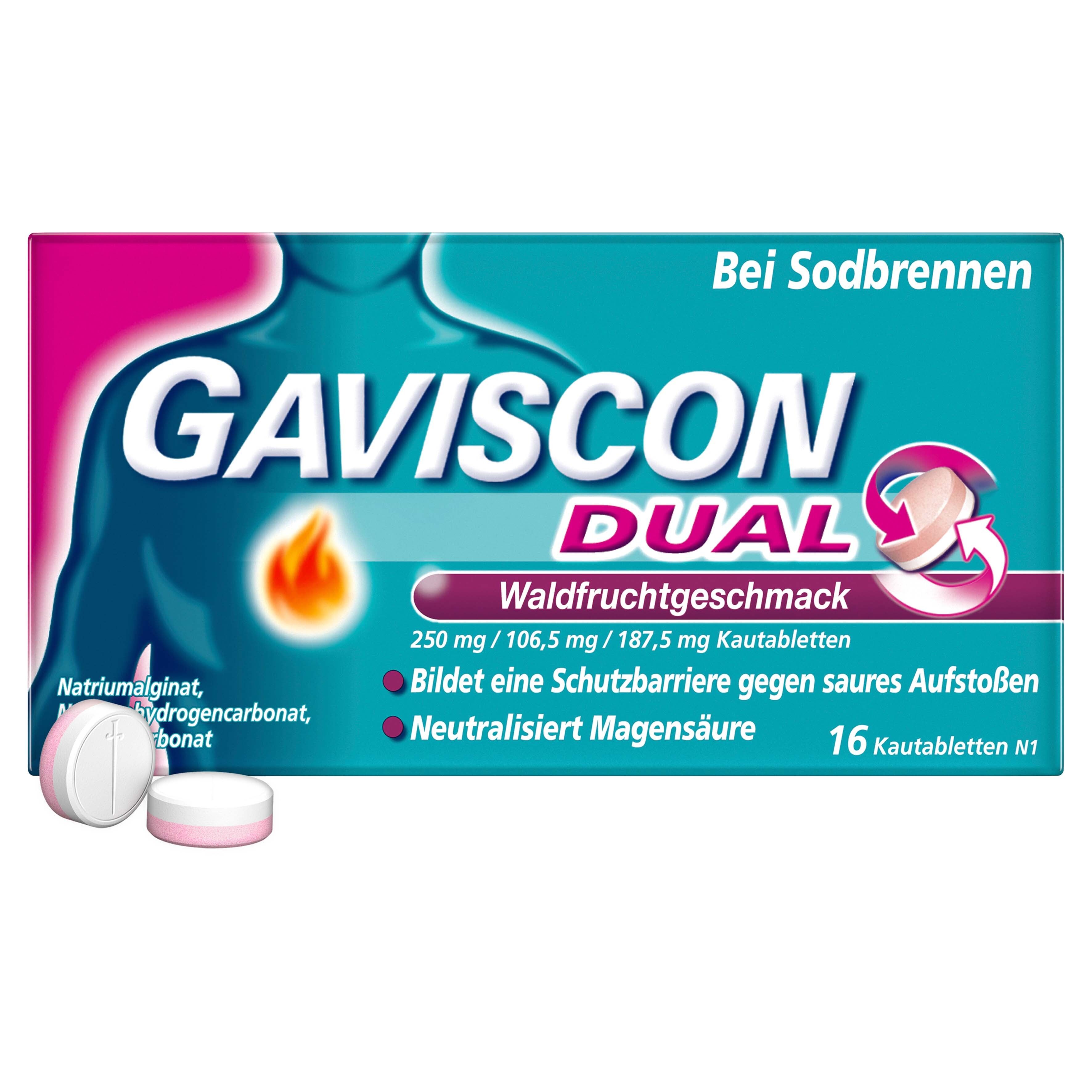 GAVISCON Dual Kautabletten, Packung mit 16 Tabletten. Waldfrüchte-Geschmack. Gegen Sodbrennen. Zwei Tabletten liegen daneben.
