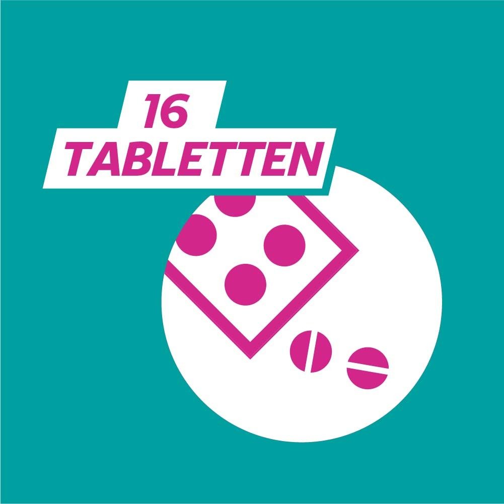 Tabletten in Blisterpackung. Text: 16 Tabletten.