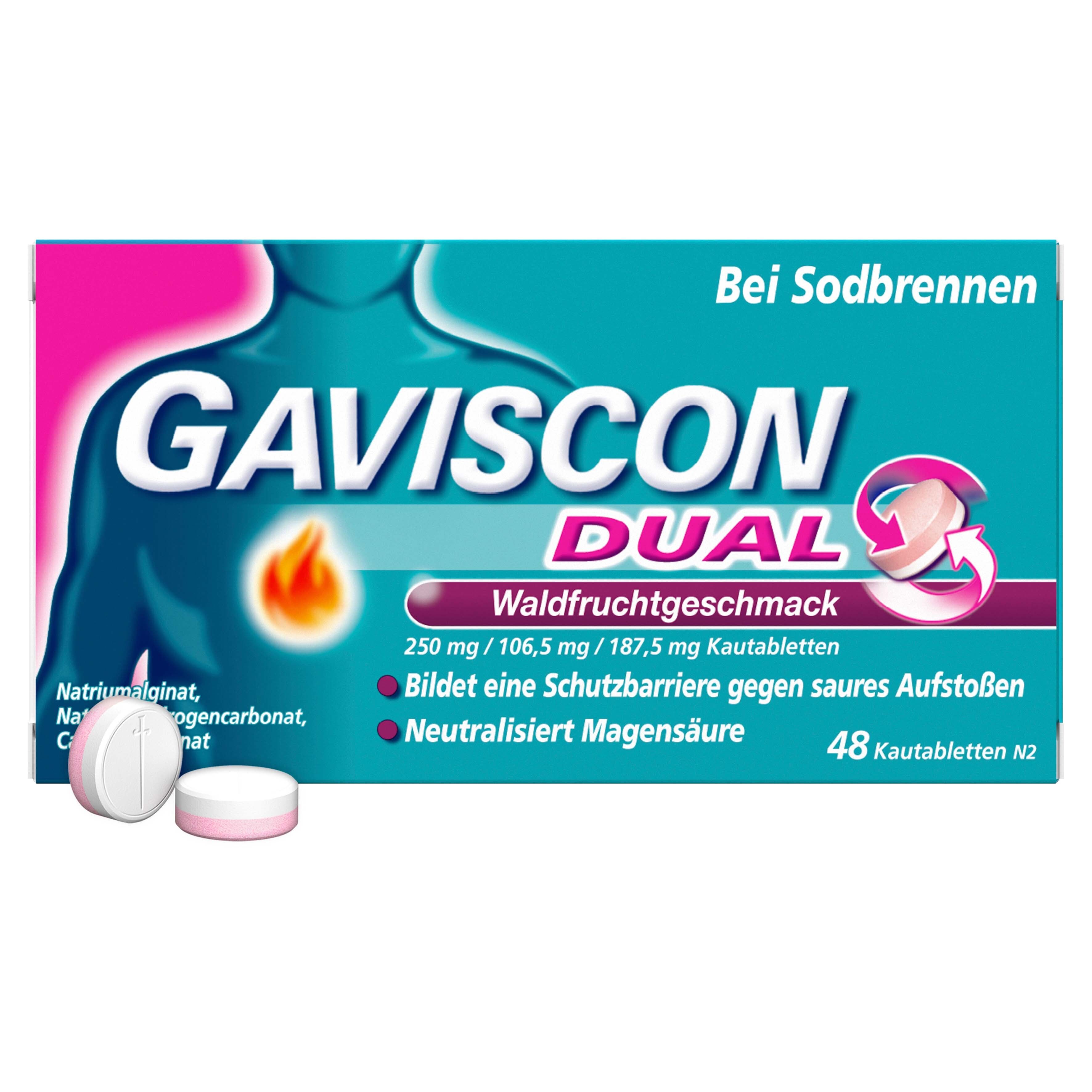 Packung GAVISCON Dual Kautabletten. Tabletten und Packung mit Produktinformationen. Pink und türkise Farbgebung.