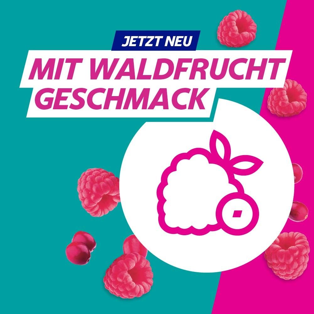 Illustration von Himbeeren. Text: Jetzt neu mit Waldfruchtgeschmack. Türkis Hintergrund mit pinken Elementen.