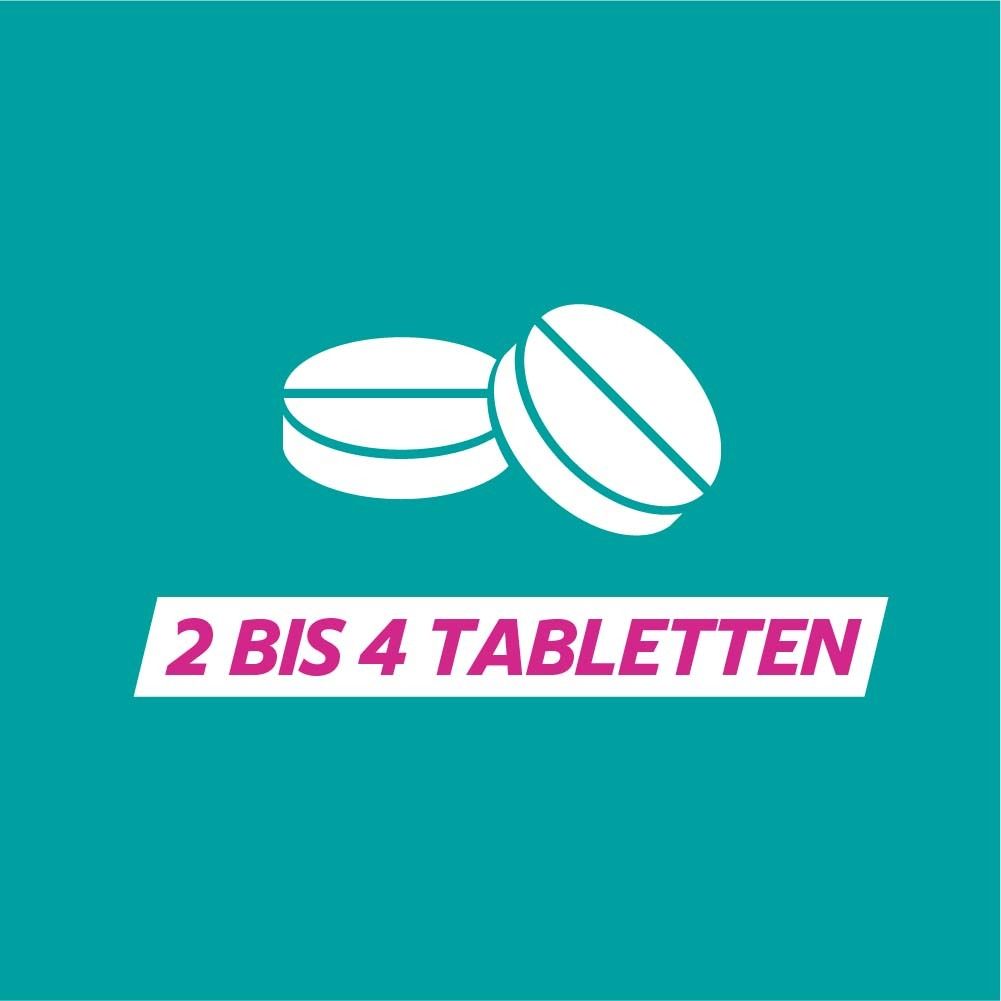 Illustration von Tabletten. Text: 2 bis 4 Tabletten. Türkis Hintergrund mit pinken Elementen.