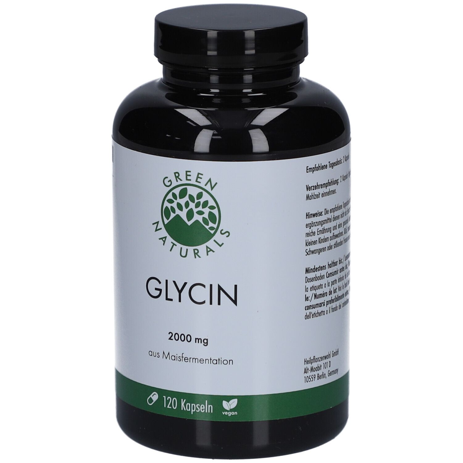 Schwarze Flasche mit weißem Etikett. Aufschrift: GREEN NATURALS, GLYCIN 2000 mg, 120 Kapseln, vegan.