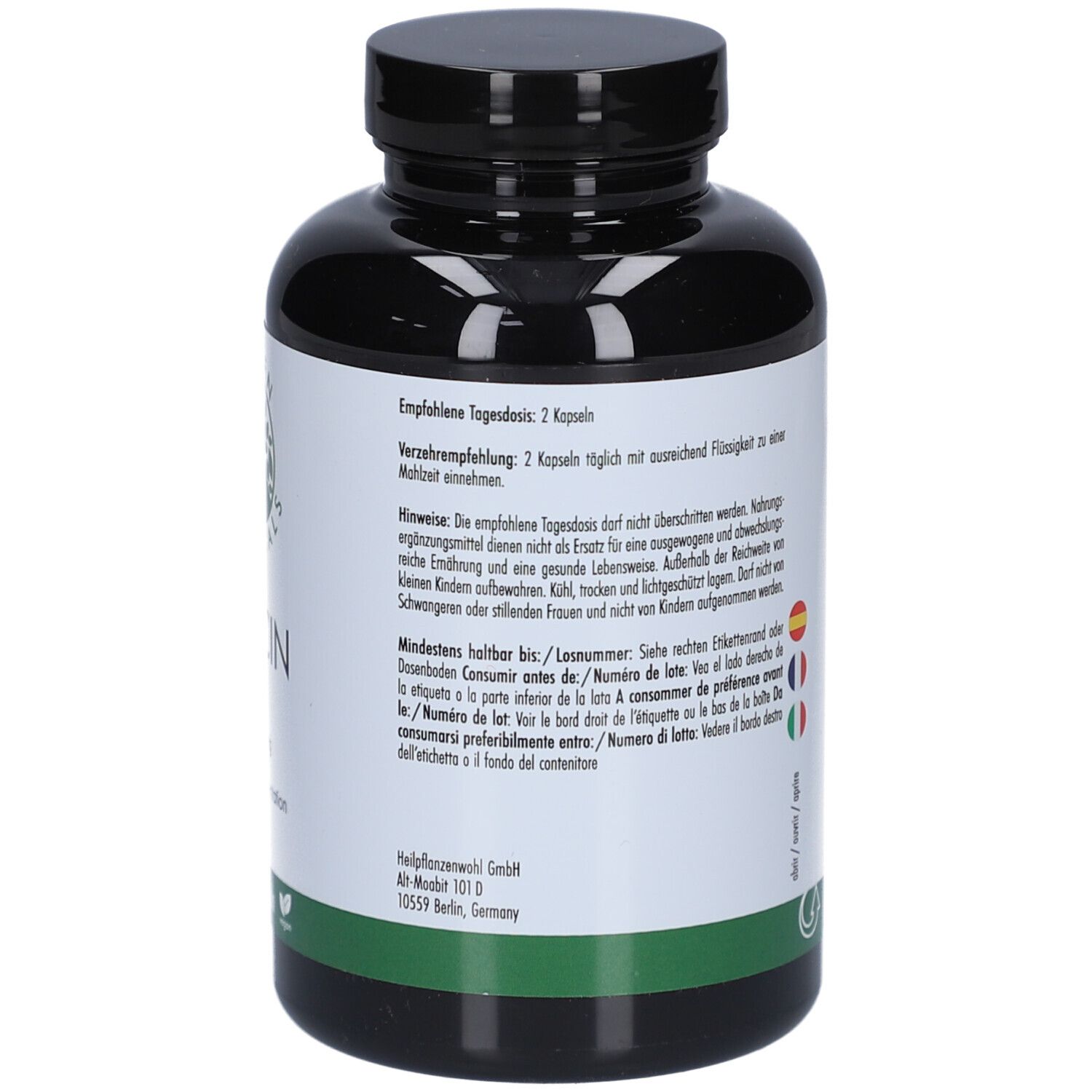 Rückseite der Flasche. Informationen zur Anwendung und Hinweise. Text in Deutsch.