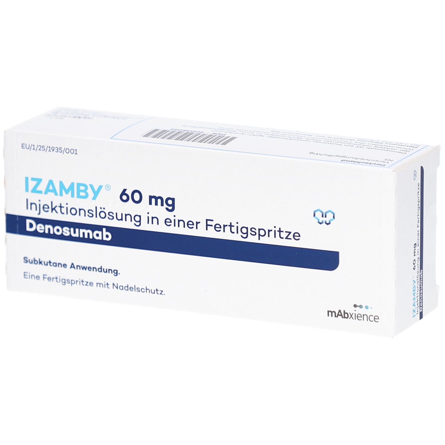 Schachtel mit IZAMBY 60 mg Injektionslösung in einer Fertigspritze. Text: Denosumab, Subkutane Anwendung, Fertigspritze mit Nadelschutz.