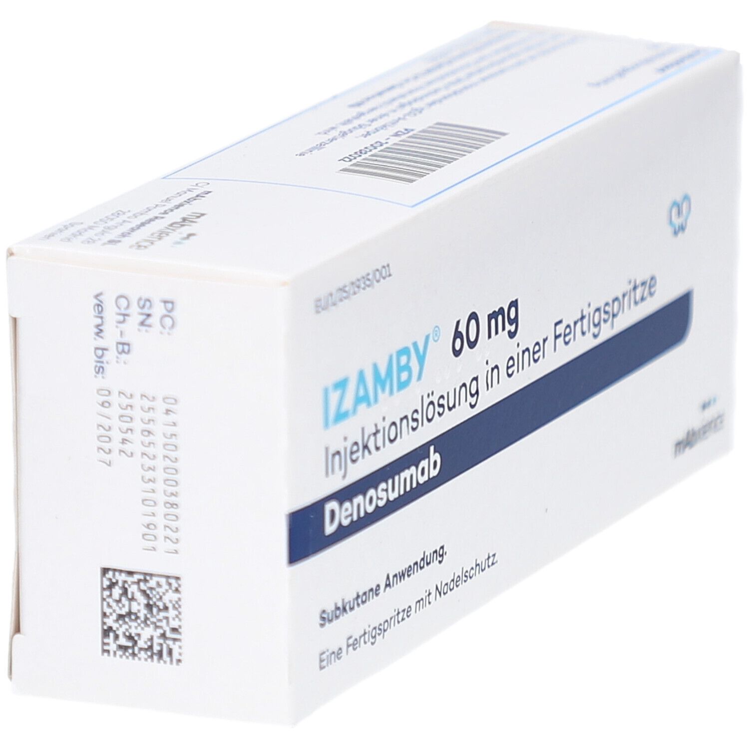 Schachtel IZAMBY 60 mg Injektionslösung in Fertigspritze. Text: Denosumab, Subkutane Anwendung, Fertigspritze mit Nadelschutz. Barcode und Chargennummer.