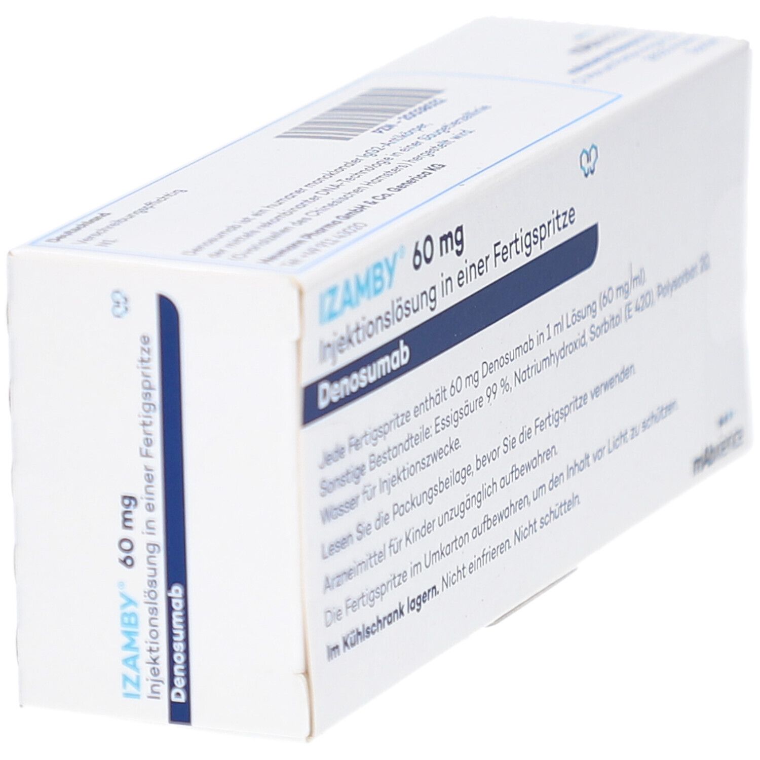 Schachtel IZAMBY 60 mg Injektionslösung in Fertigspritze. Text: Denosumab, Inhaltsstoffe, Lagerungshinweise. Logo Mabxience.