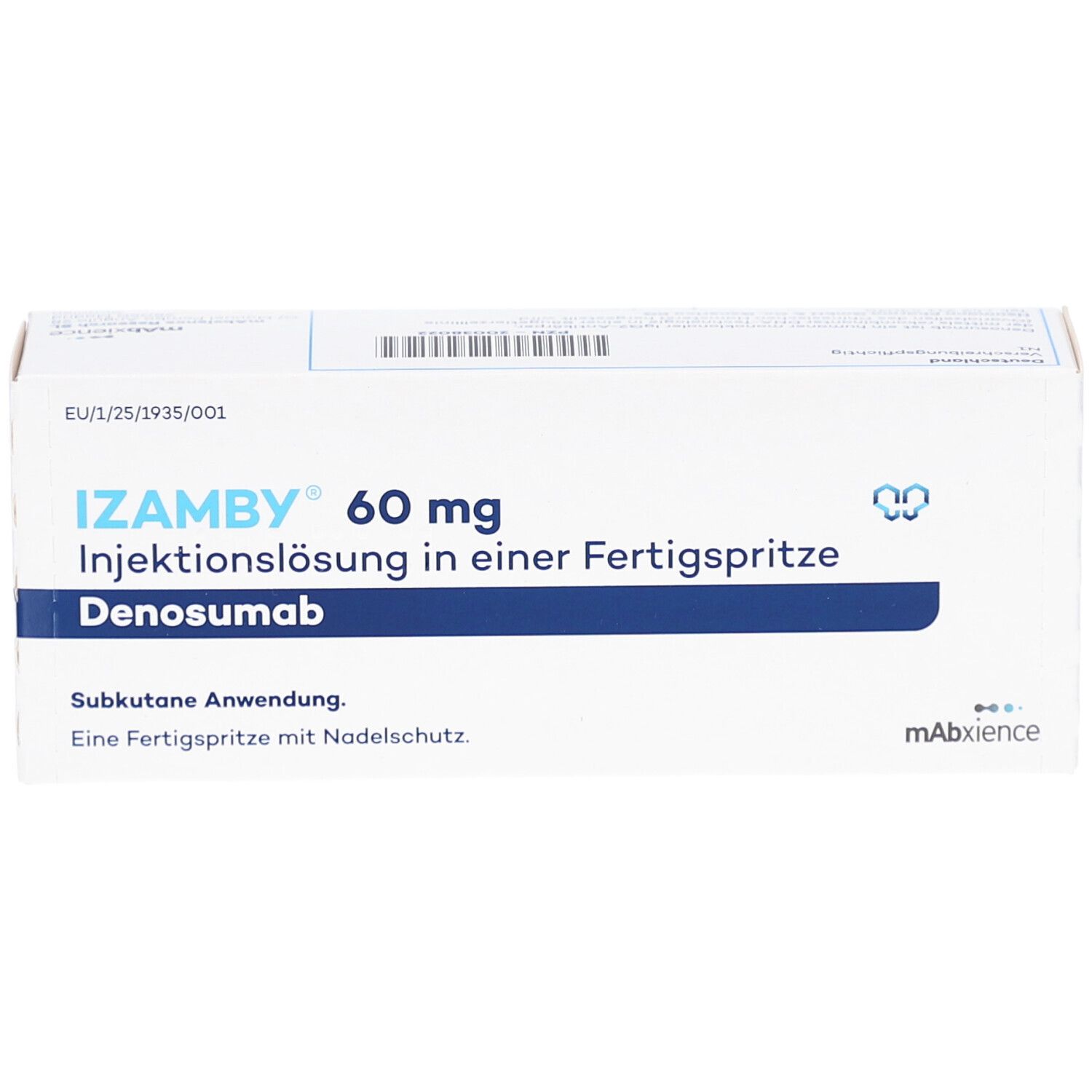 Schachtel mit IZAMBY 60 mg Injektionslösung in einer Fertigspritze. Text: Denosumab, Subkutane Anwendung, Fertigspritze mit Nadelschutz.