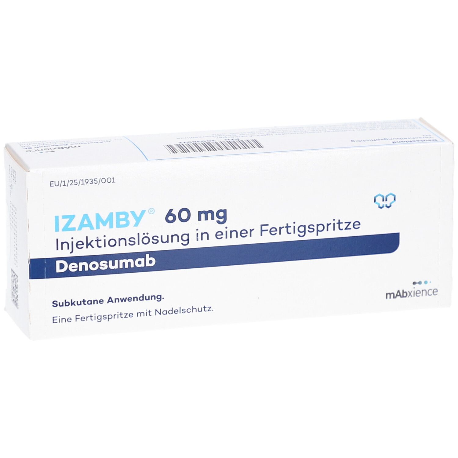 Schachtel mit IZAMBY 60 mg Injektionslösung in einer Fertigspritze. Text: Denosumab, Subkutane Anwendung, Fertigspritze mit Nadelschutz.