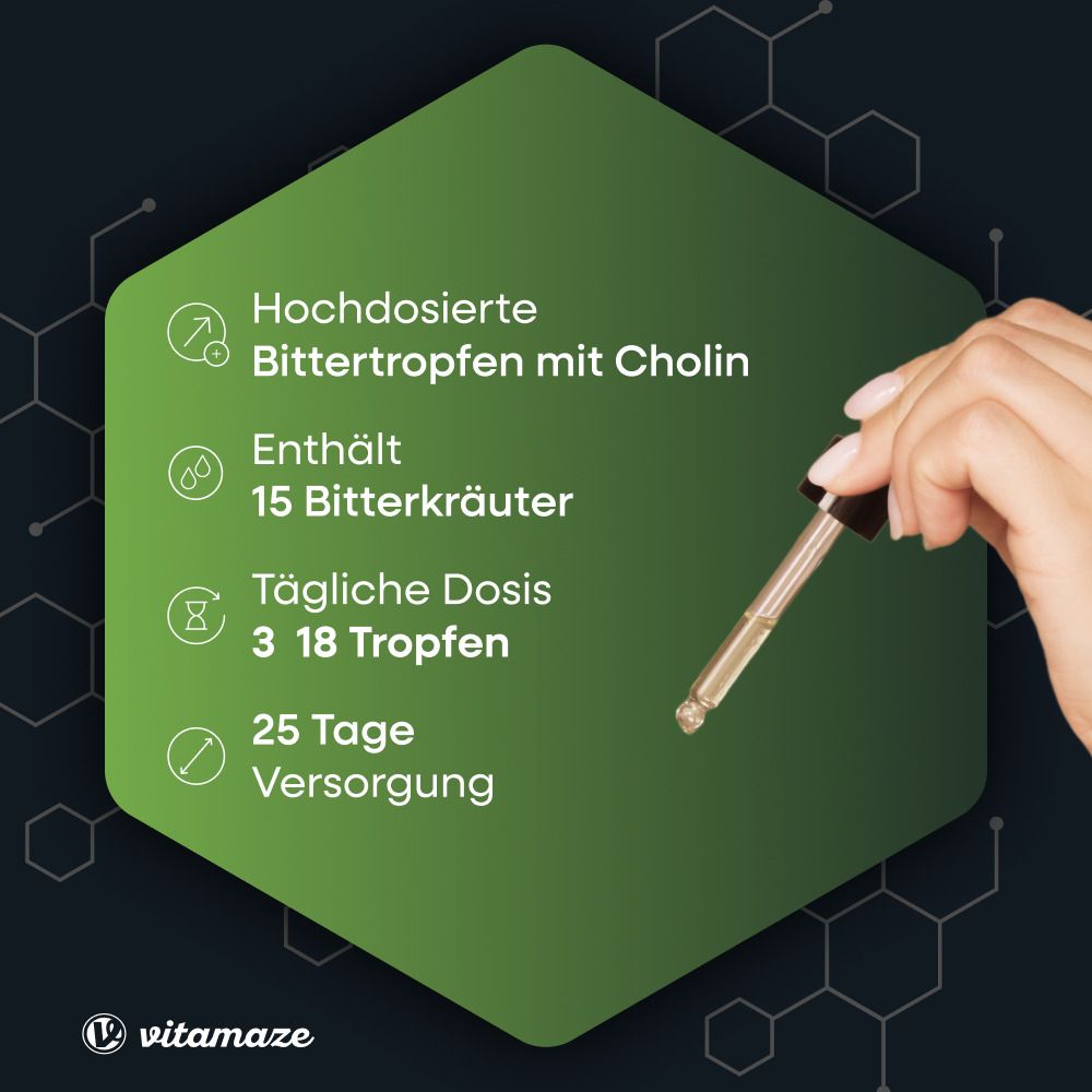 Grünes Sechseck mit Text: Hochdosierte Bittertropfen mit Cholin, 15 Bitterkräuter, tägliche Dosis 3-18 Tropfen, 25 Tage Versorgung.