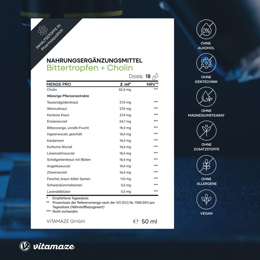 Nahrungsergänzungsmittel Bittertropfen + Cholin. Inhaltsstoffliste, Dosierung, Nährwertangaben. Siegel: ohne Alkohol, Gentechnik, etc.