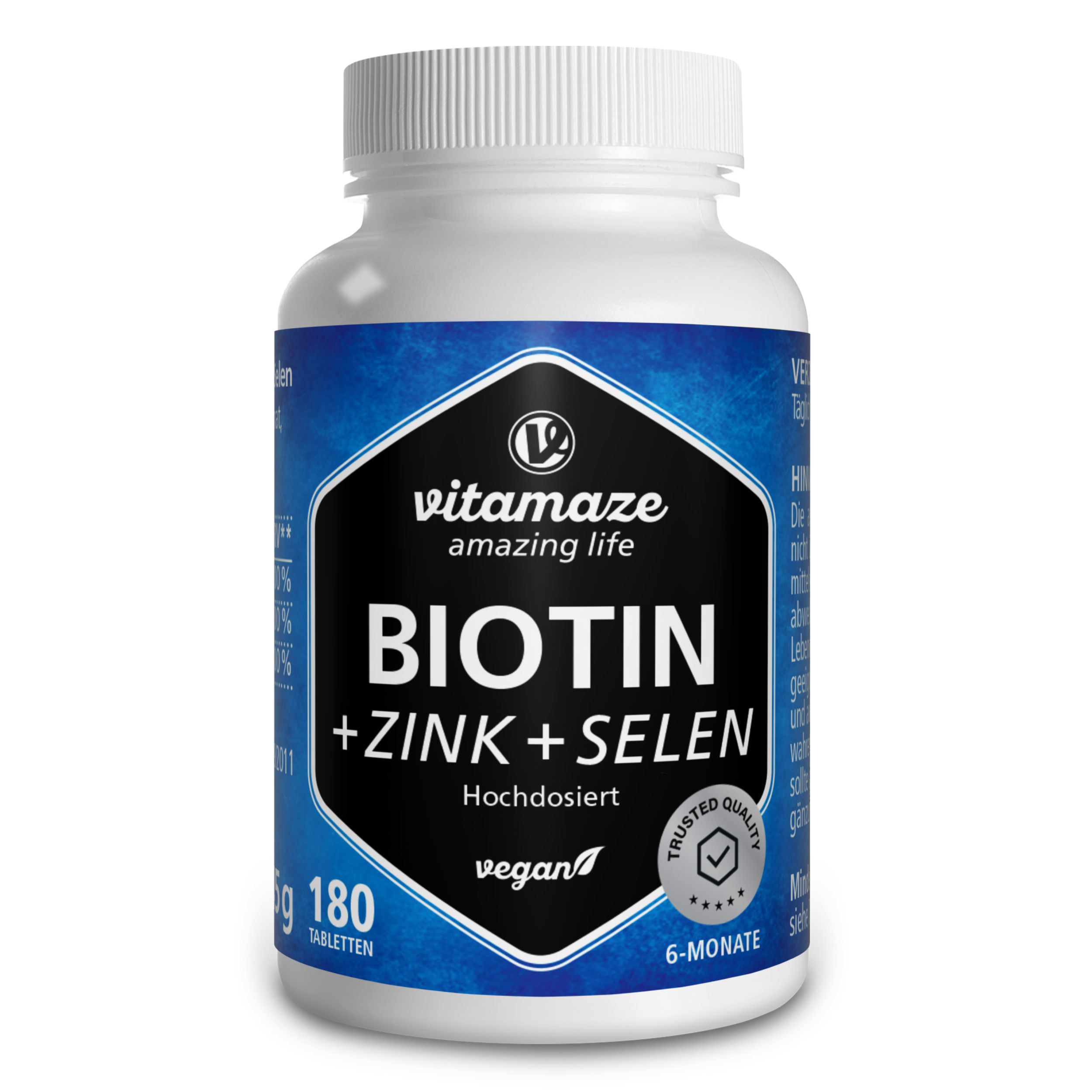 Weiße Flasche mit schwarzem Etikett. Aufschrift: Biotin + Zink + Selen. 180 Tabletten. Vegan.