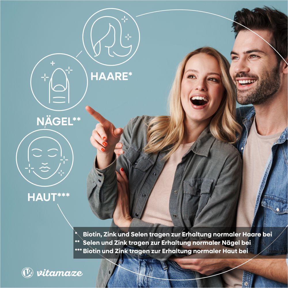 Paar zeigt auf Haare, Nägel und Haut. Text: Biotin, Zink und Selen für Haare, Nägel und Haut.