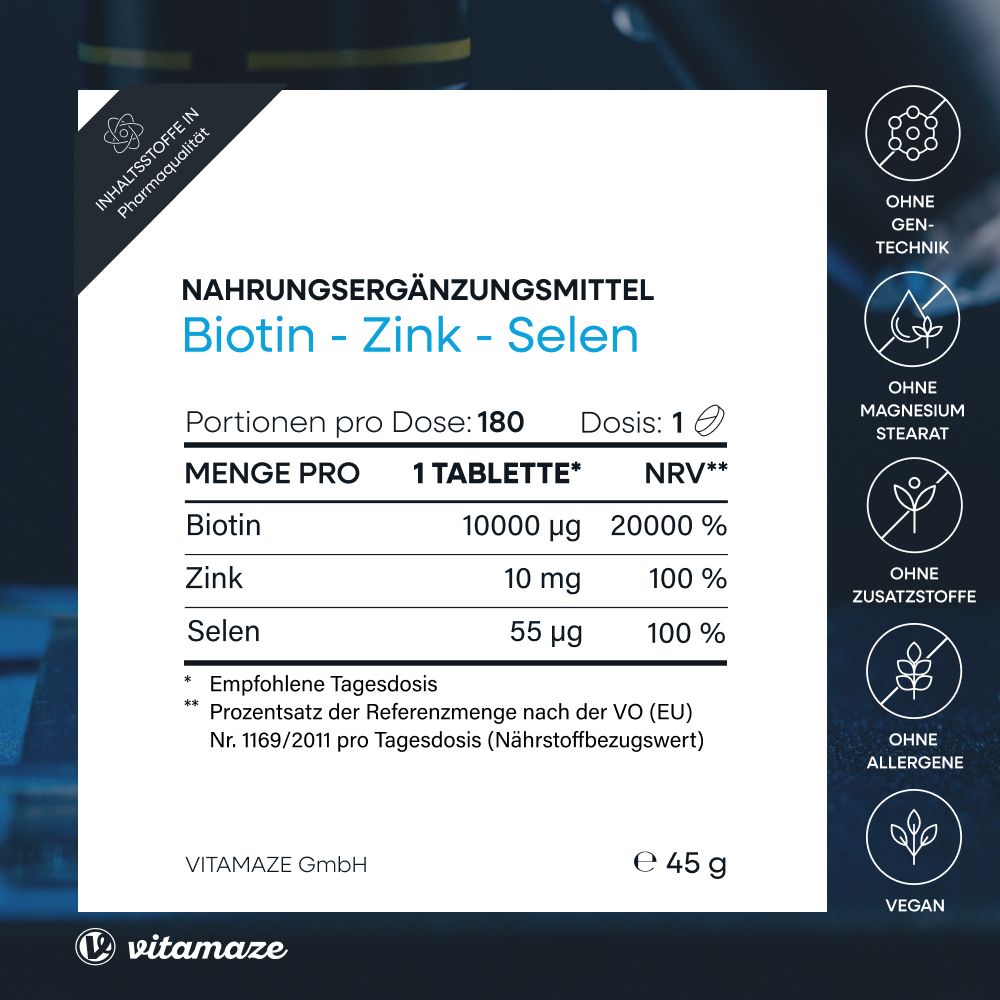 Nahrungsergänzungsmittel. Tabelle mit Inhaltsstoffen: Biotin, Zink, Selen. Mengen und % der Referenzmenge.