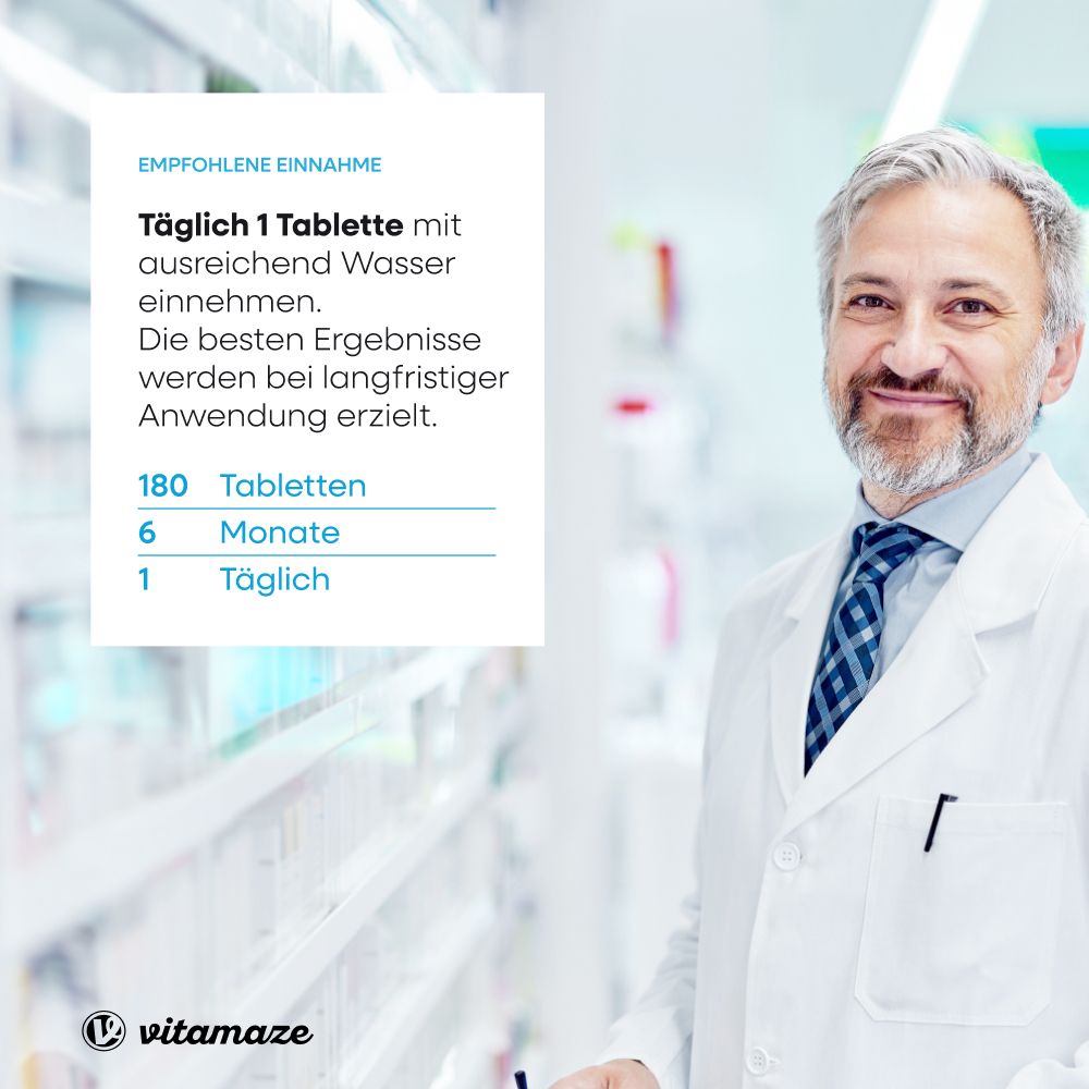 Arzt in Apotheke. Text: Täglich 1 Tablette mit Wasser einnehmen. 180 Tabletten, 6 Monate, 1 täglich.