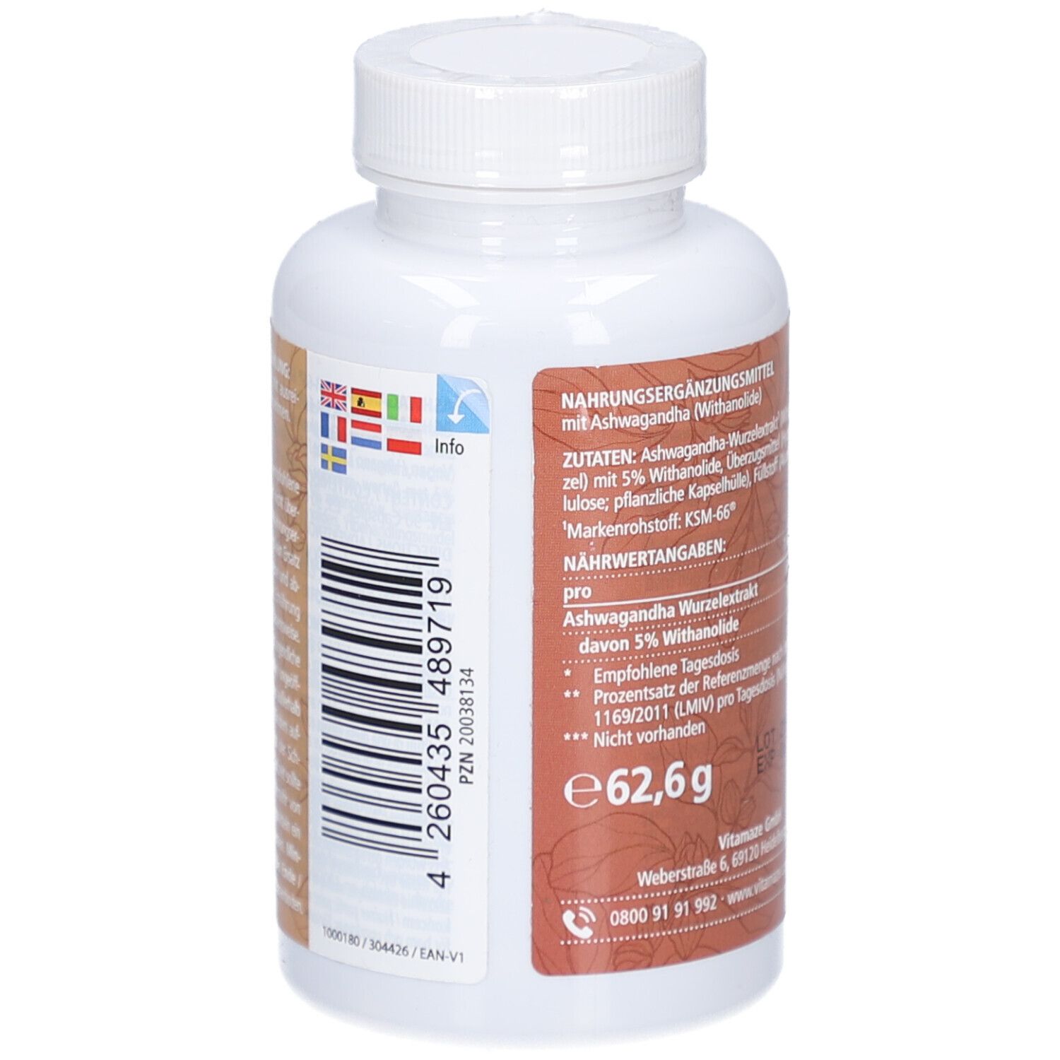 Weiße Flasche, Rückseite. Aufschrift: Nährwertangaben, Zutaten, PZN. Mehrere Flaggen. Gewicht: 62,6 g.