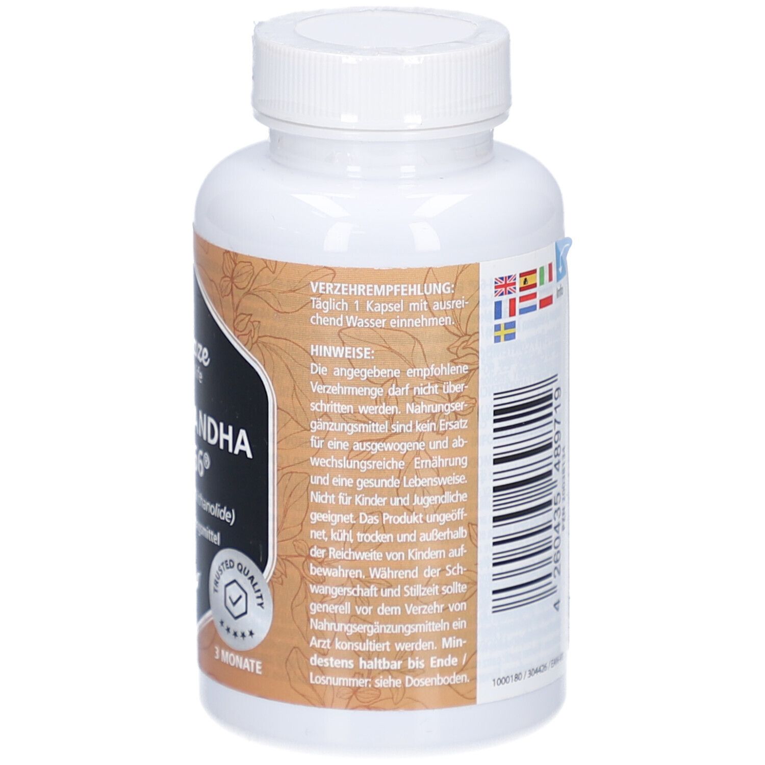 Weiße Flasche, Rückseite. Aufschrift: Verzehrempfehlung, Hinweise, vitamaze amazing life ASHWAGANDHA KSM-66® 600 mg. Siegel.