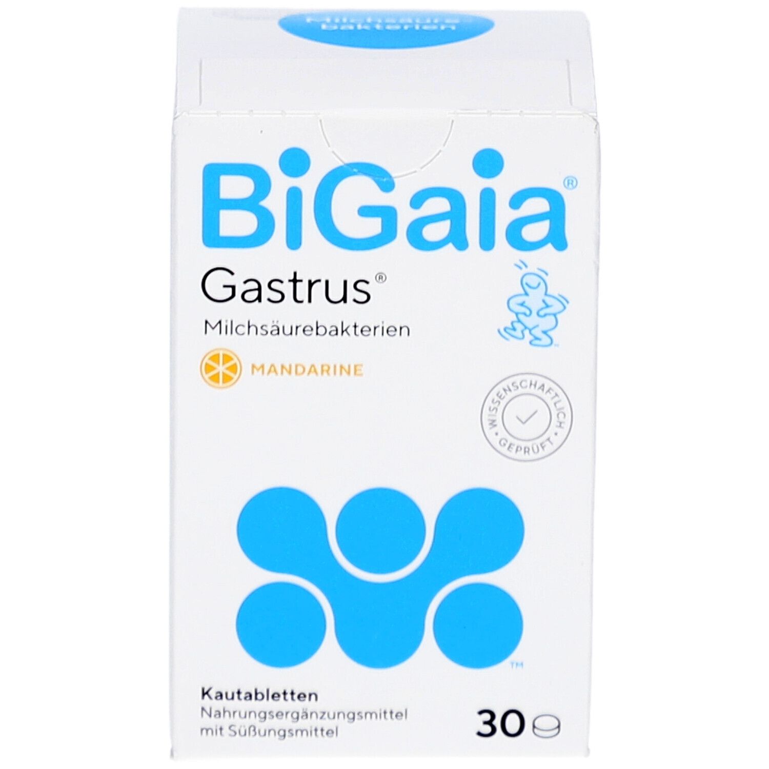 Schachtel BiGaia Gastrus. Aufschrift: Milchsäurebakterien, 30 Tabletten. Text und Logo.
