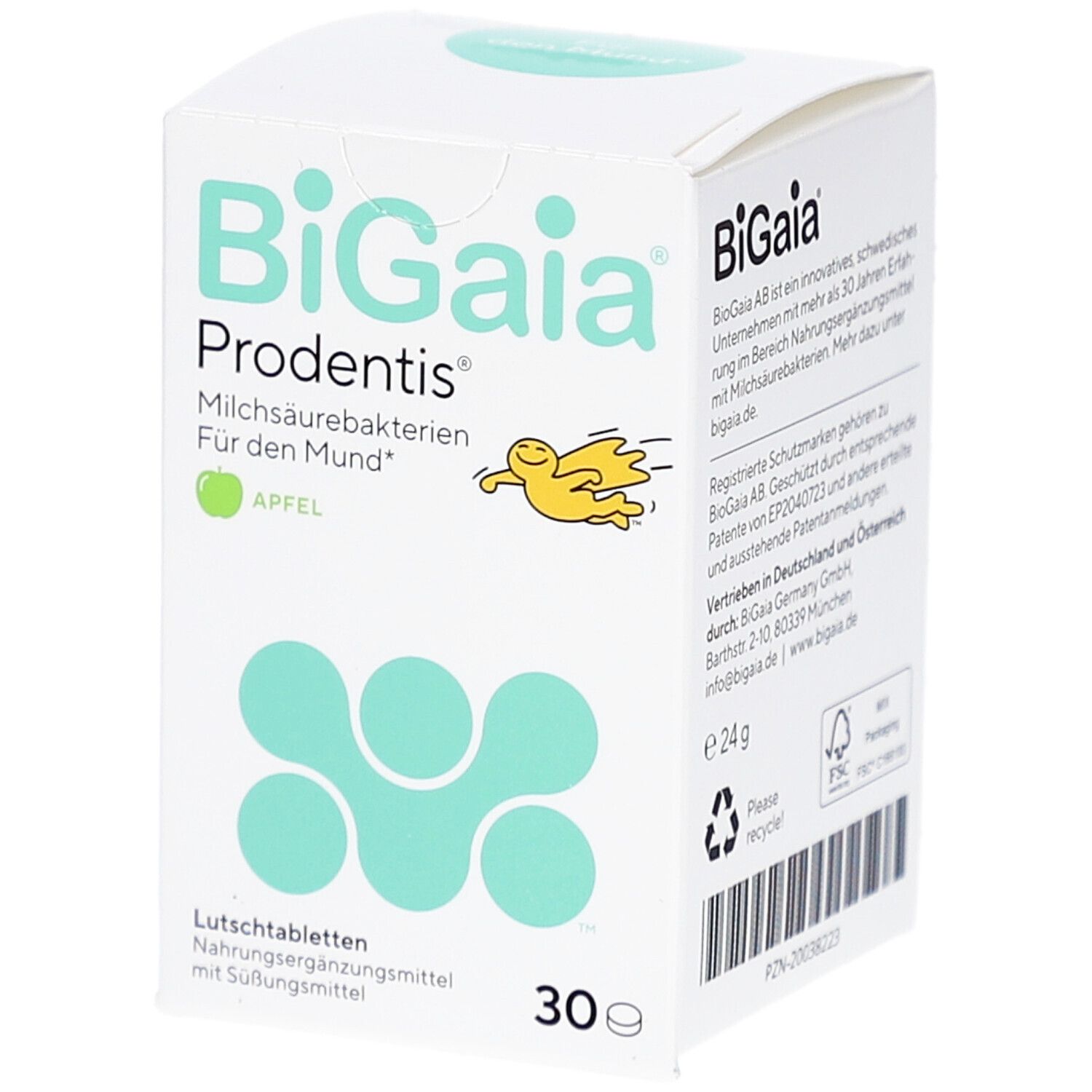 Weiße Schachtel BiGaia Prodentis. Aufschrift: Milchsaurebakterien für den Mund, Apfel. 30 Lutschtabletten. Text auf der Seite.