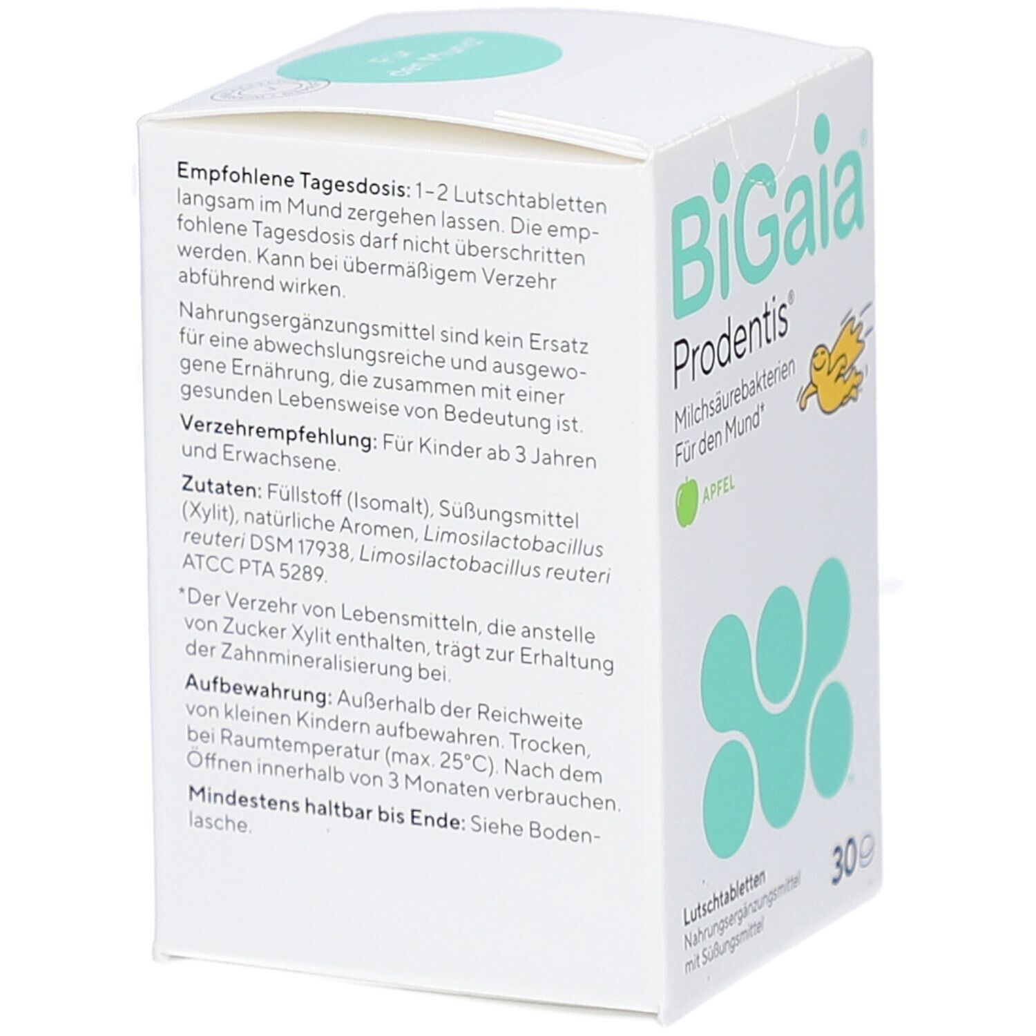 Rückseite der Schachtel BiGaia Prodentis. Text über Anwendung, Inhaltsstoffe, und Warnhinweise.