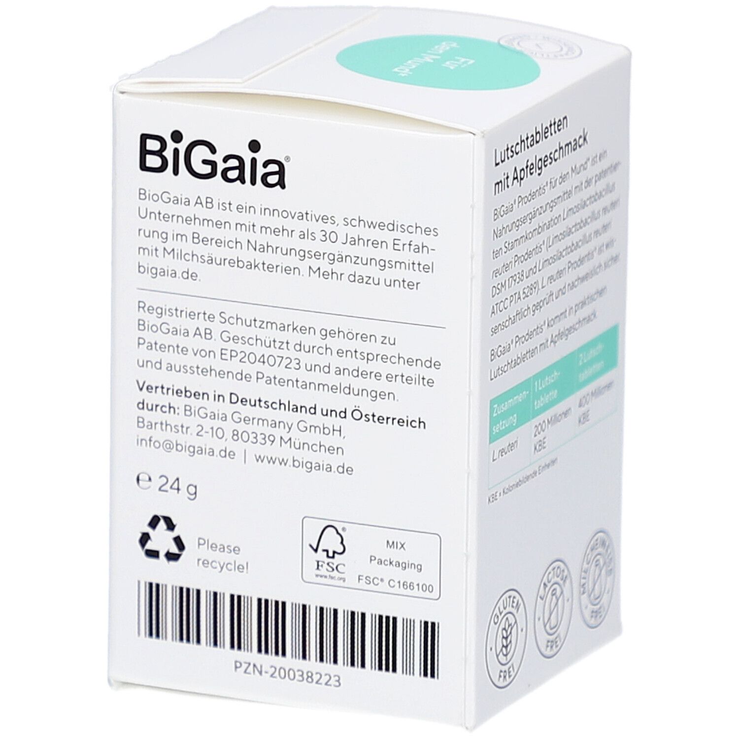 Seite der Schachtel BiGaia Prodentis. Informationen zum Hersteller und Recycling.