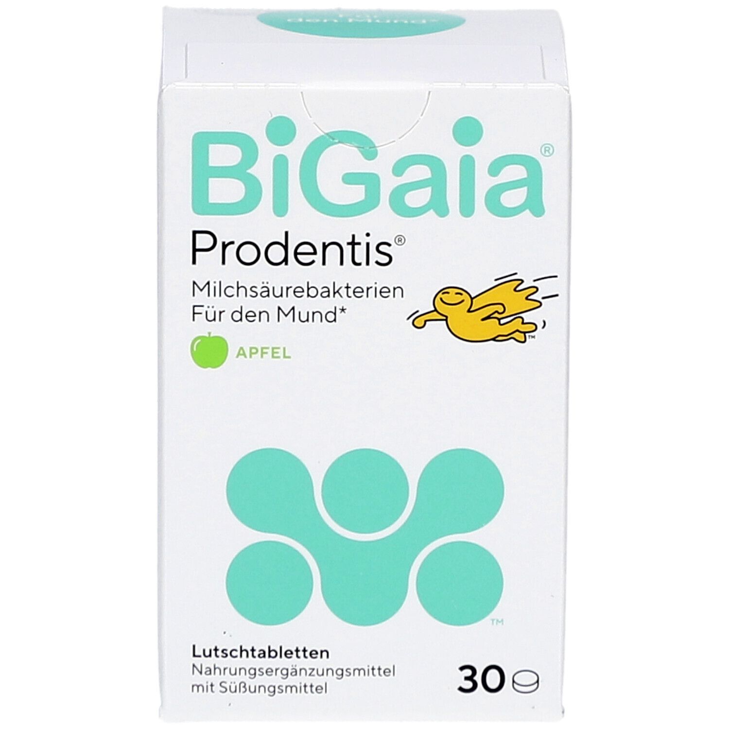 Vorderseite der Schachtel BiGaia Prodentis. Aufschrift: Milchsaurebakterien für den Mund, Apfel. 30 Lutschtabletten.