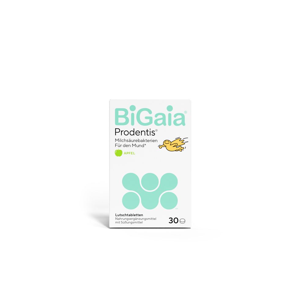 BioGaia Prodentis, Apfel, in weißer Schachtel. Logo, Produktinformationen und 30 Lutschtabletten.
