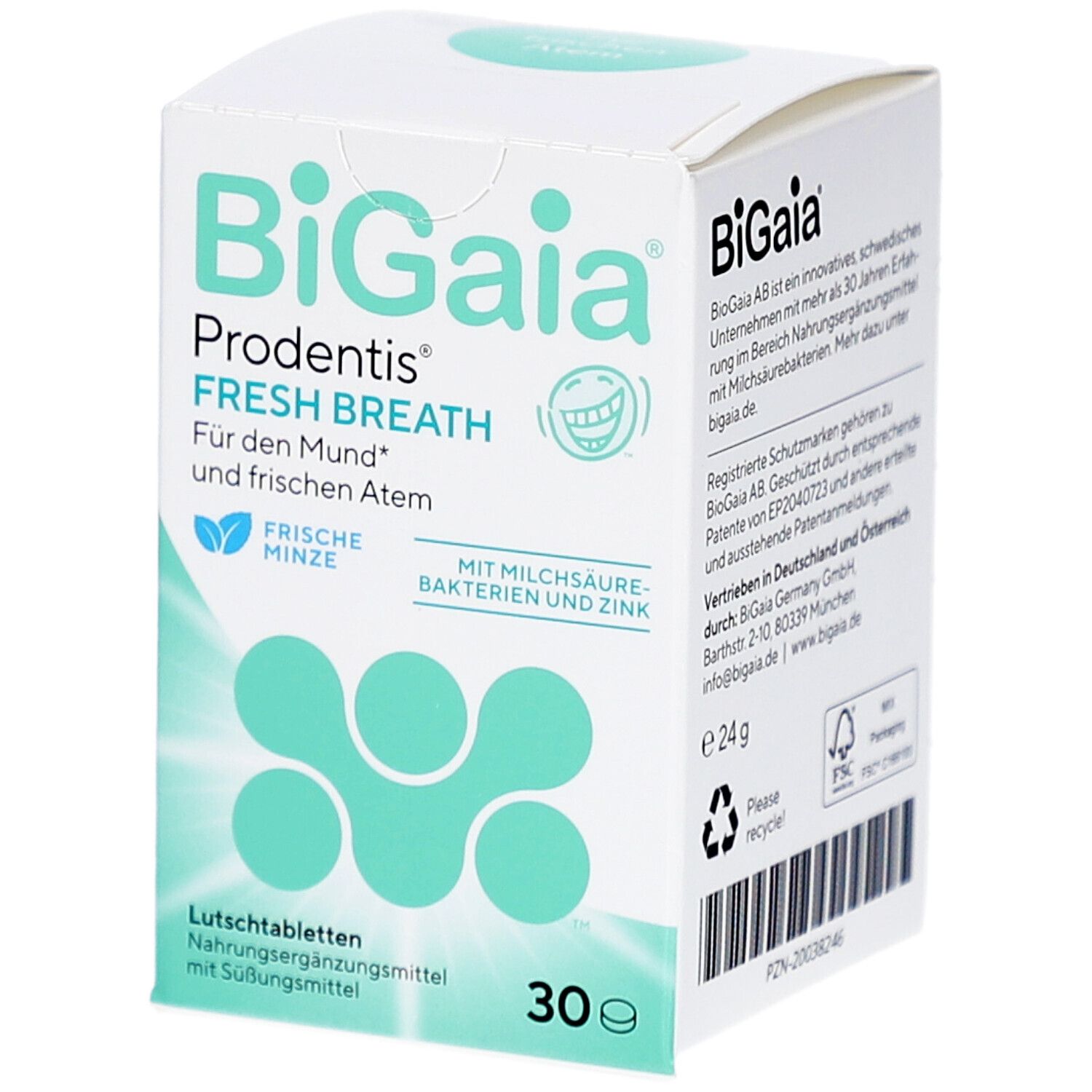 BiGaia Prodentis Schachtel. Frische Minze. Weiße Schachtel mit Logo, Text und 30 Lutschtabletten.