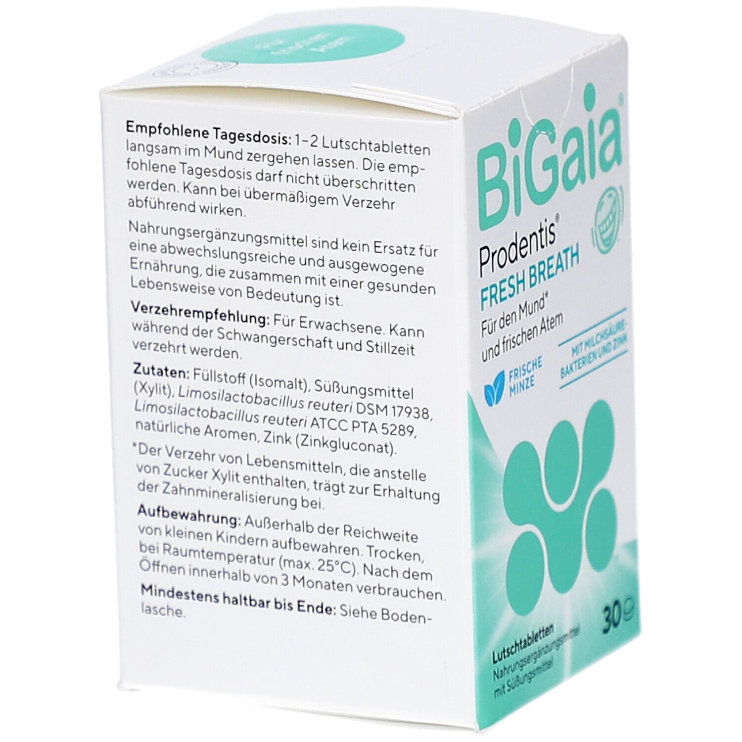 Rückseite der BiGaia Prodentis Schachtel. Text, Inhaltsstoffe, Verzehrempfehlung, Lagerungshinweise.