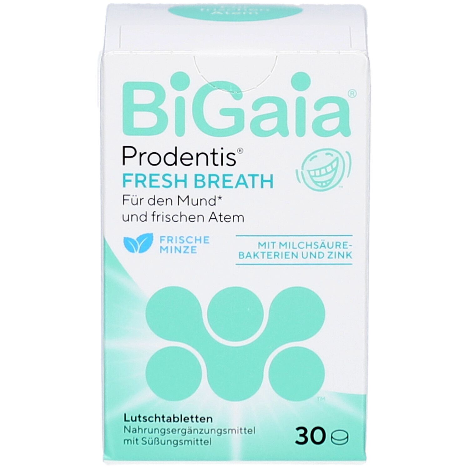 BiGaia Prodentis Schachtel. Frische Minze. Weiße Schachtel mit Logo, Text und 30 Lutschtabletten.