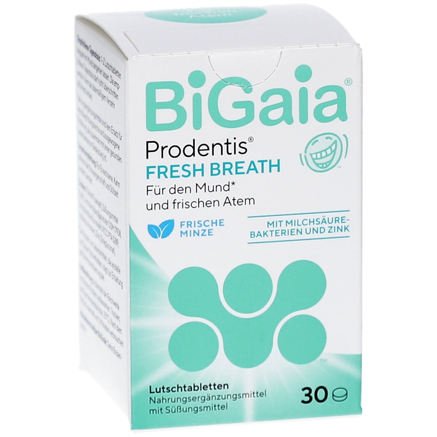 BiGaia Prodentis Schachtel. Frische Minze. Weiße Schachtel mit Logo, Text und 30 Lutschtabletten.