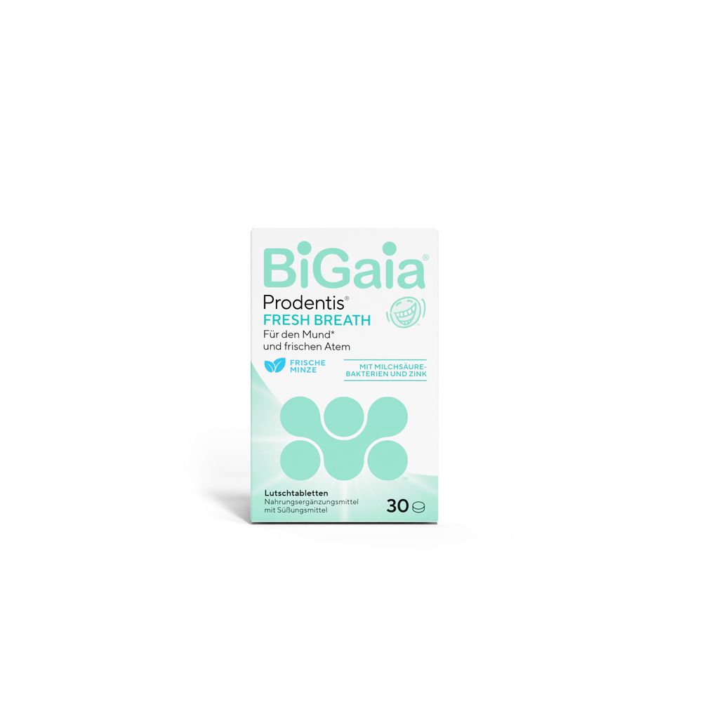 Produktverpackung. Aufschrift: BioGaia Prodentis Fresh Breath. 30 Lutschtabletten. Frische Minze.