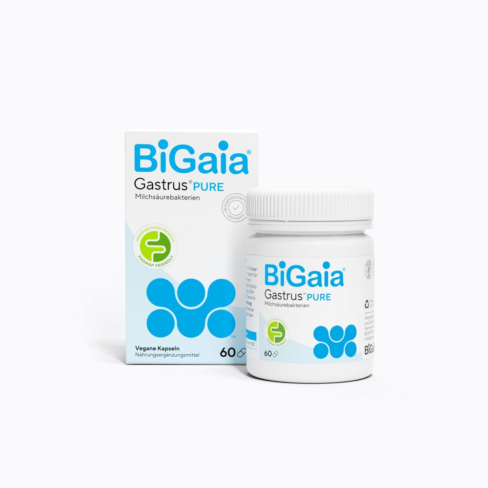 BioGaia Gastrus® Pure Kapseln und Verpackung. Weiße Flasche und Schachtel mit blauem Logo und Text. 60 Kapseln.