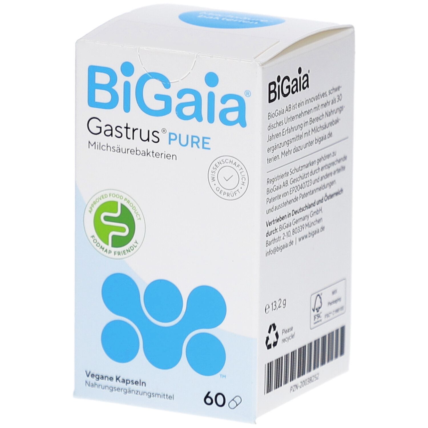 BioGaia Gastrus® Pure Verpackung. Weiße Schachtel mit blauem Logo und Text. 60 Kapseln. Enthält Informationen und Zertifizierungen.