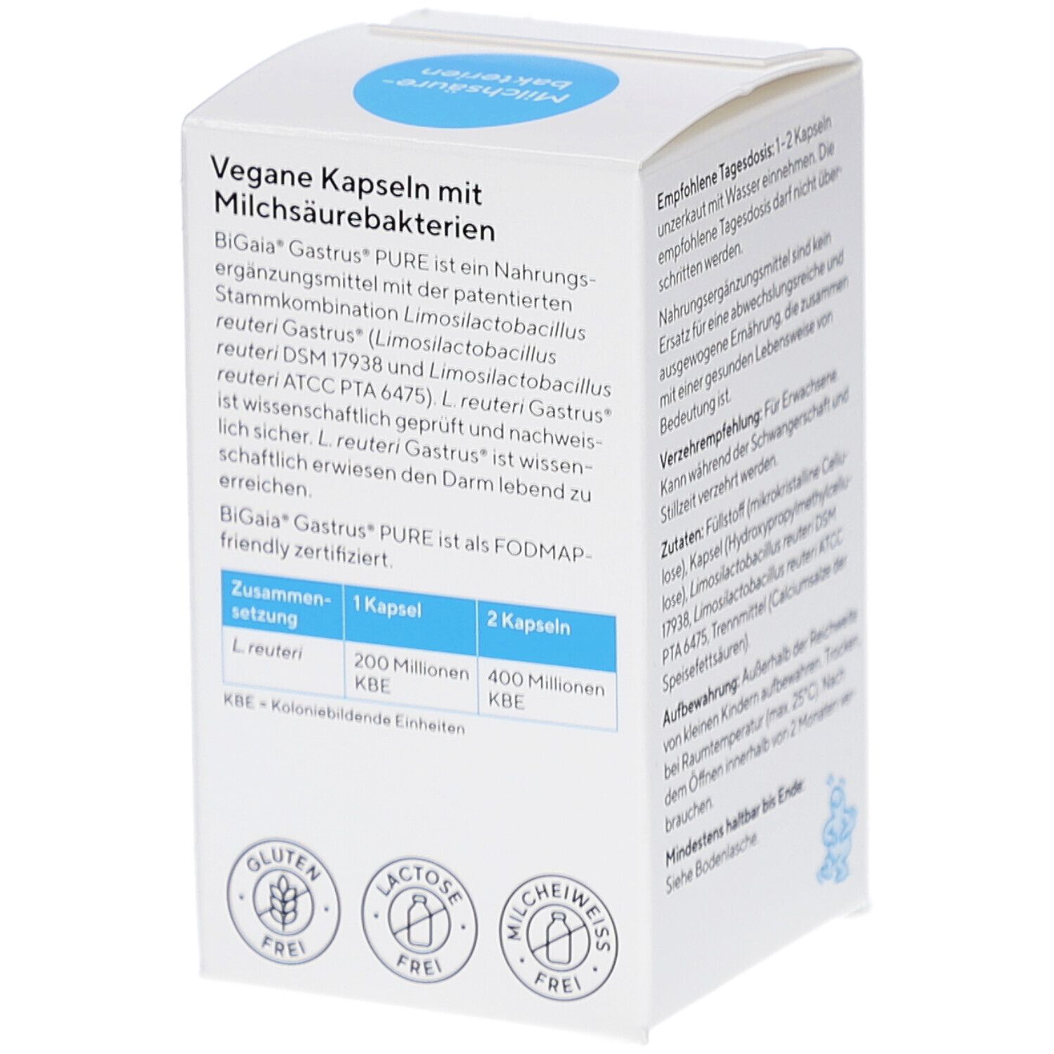 Rückseite der BioGaia Gastrus® Pure Verpackung. Enthält Informationen zur Zusammensetzung und Zertifizierungen.