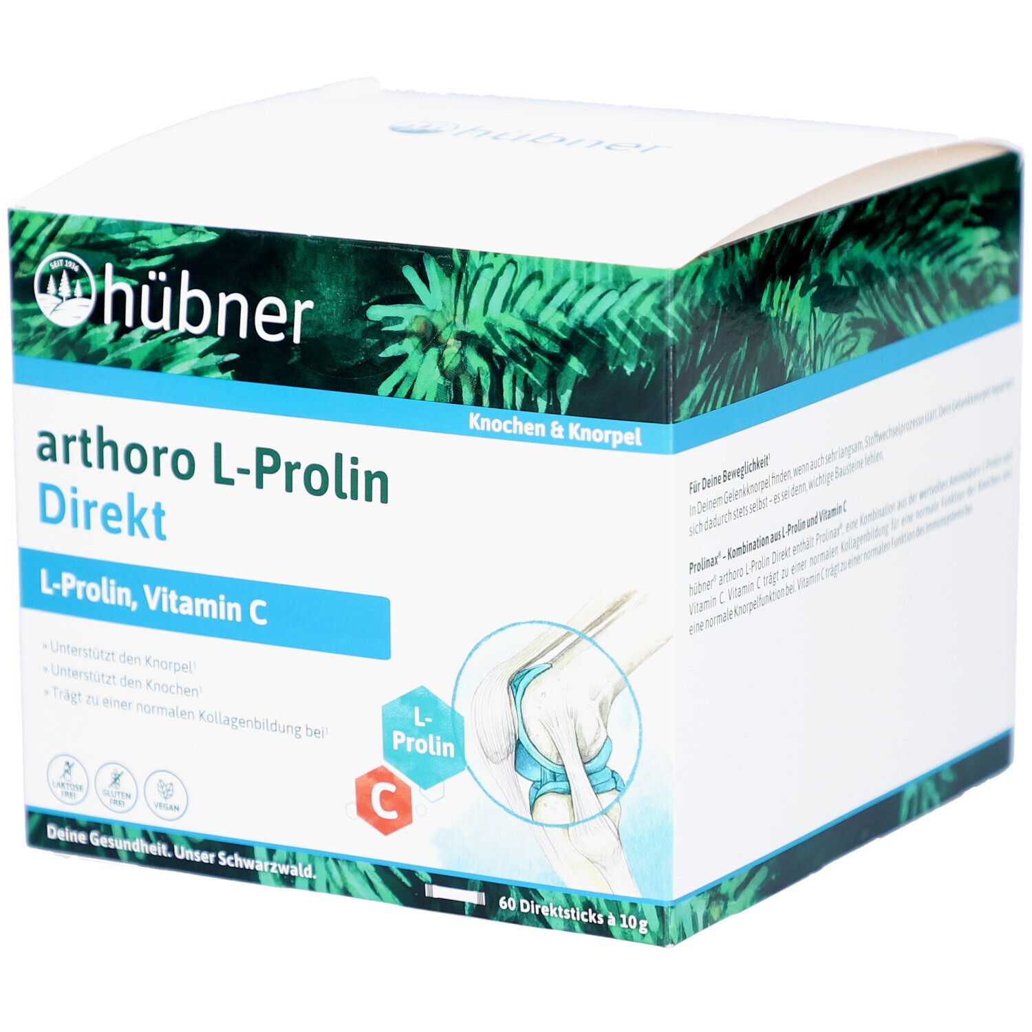 Weißer Karton mit Produktbezeichnung arthoro L-Prolin Direkt. Enthält L-Prolin, Vitamin C. Abbildung eines Kniegelenks.