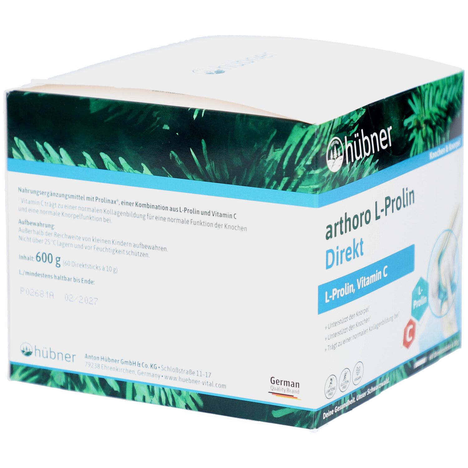Weißer Karton mit Produktbezeichnung arthoro L-Prolin Direkt. Enthält L-Prolin, Vitamin C. Gesamtgewicht 600g.