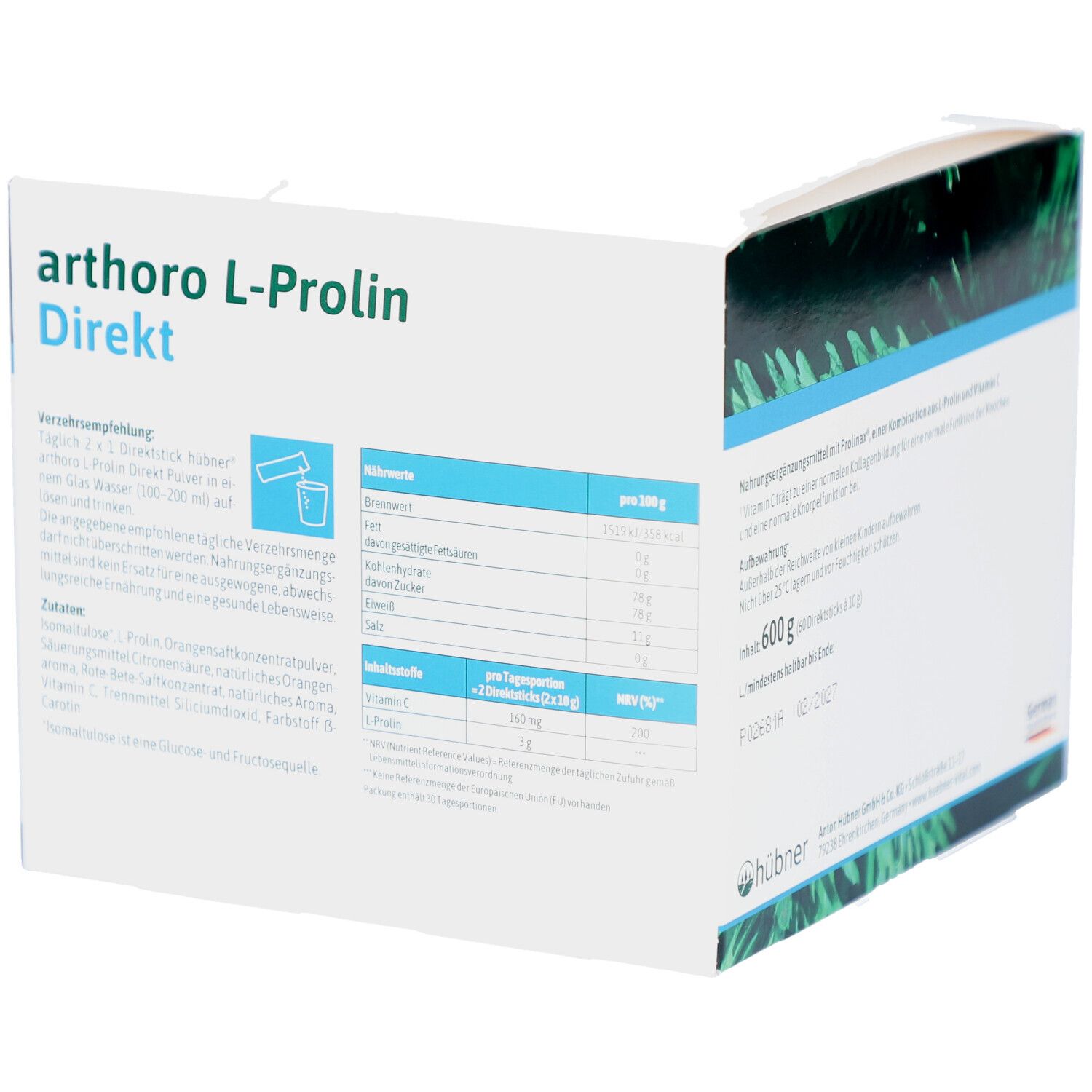 Rückseite des weißen Kartons mit Produktbezeichnung arthoro L-Prolin Direkt. Enthält Nährwertangaben und Verzehrempfehlung.
