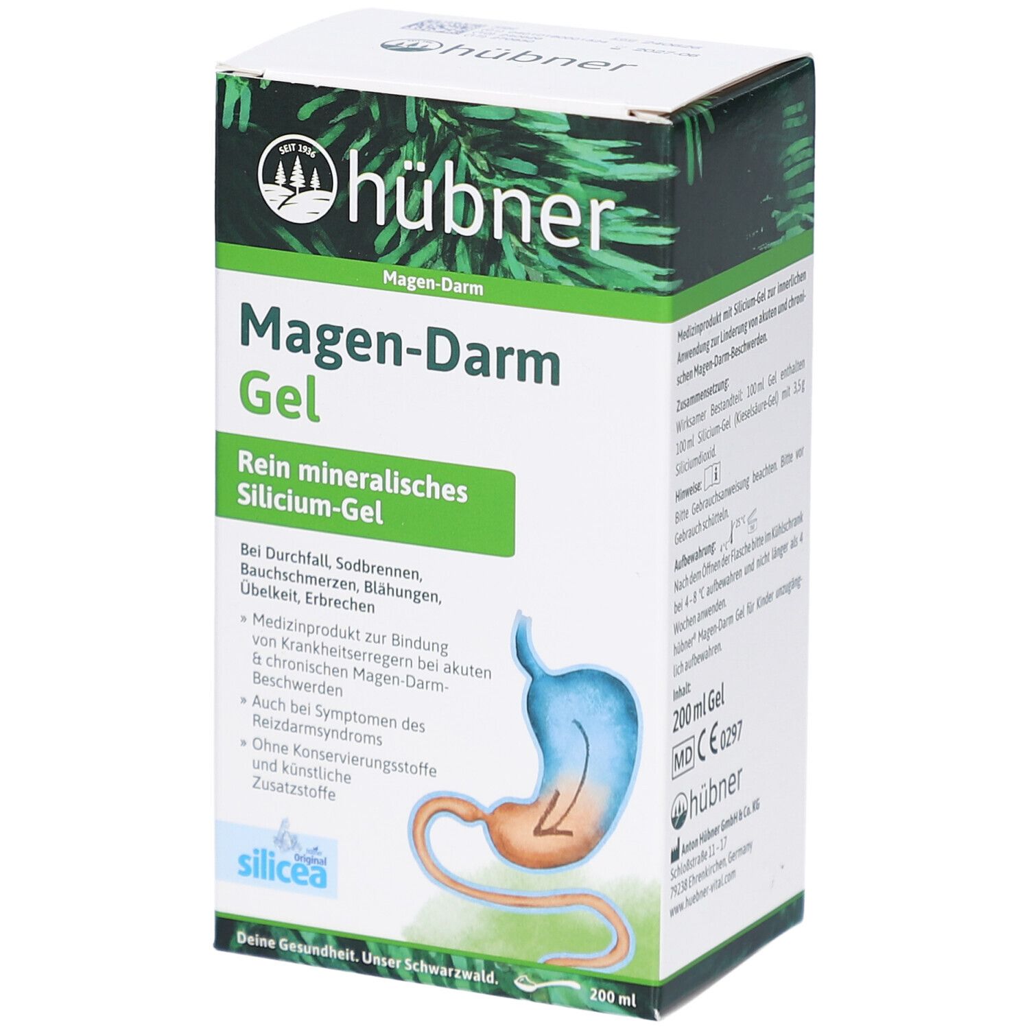 Verpackung von HÜBNER Magen-Darm Gel. Weißer Karton mit Produktnamen und Logo. Illustration des Verdauungstrakts.
