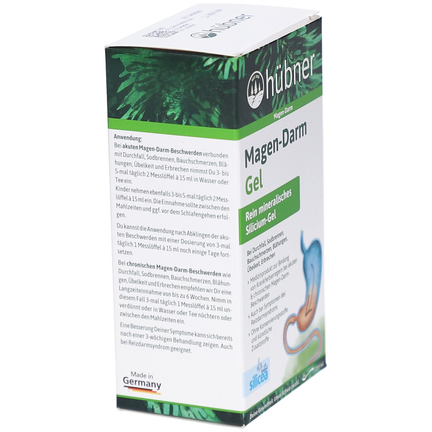 HÜBNER Magen-Darm Gel Verpackung. Text über Anwendung und Inhaltsstoffe. Illustration des Verdauungstrakts.