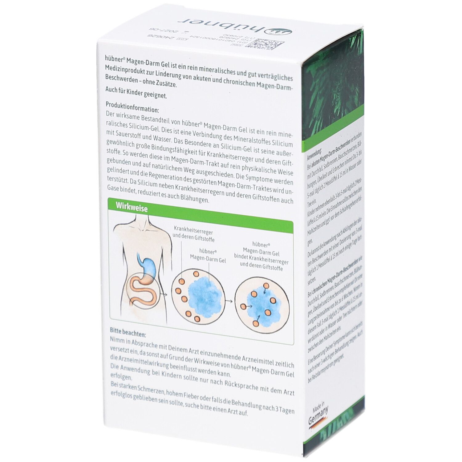 Rückseite der HÜBNER Magen-Darm Gel Verpackung. Text über Inhaltsstoffe und Wirkweise. Illustration des Verdauungstrakts.