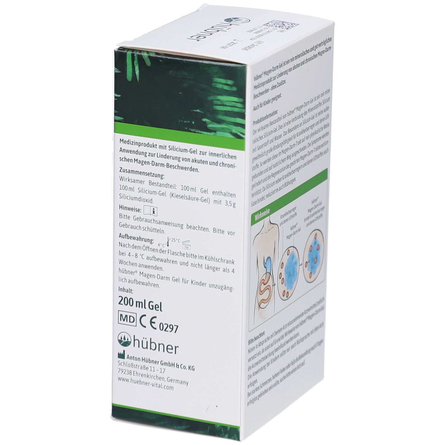 Seite der HÜBNER Magen-Darm Gel Verpackung. Text über Inhaltsstoffe und Anwendung. Logo und Herstellerinformationen.