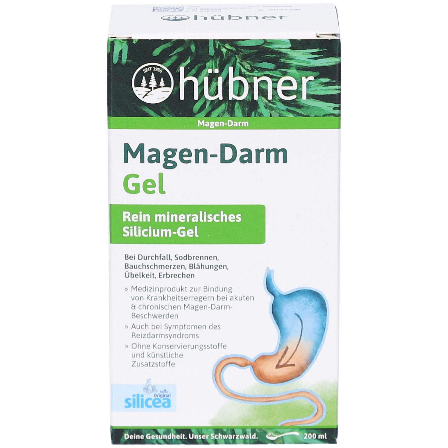 HÜBNER Magen-Darm Gel Verpackung. Weißer Karton mit Produktnamen und Logo. Illustration des Verdauungstrakts.