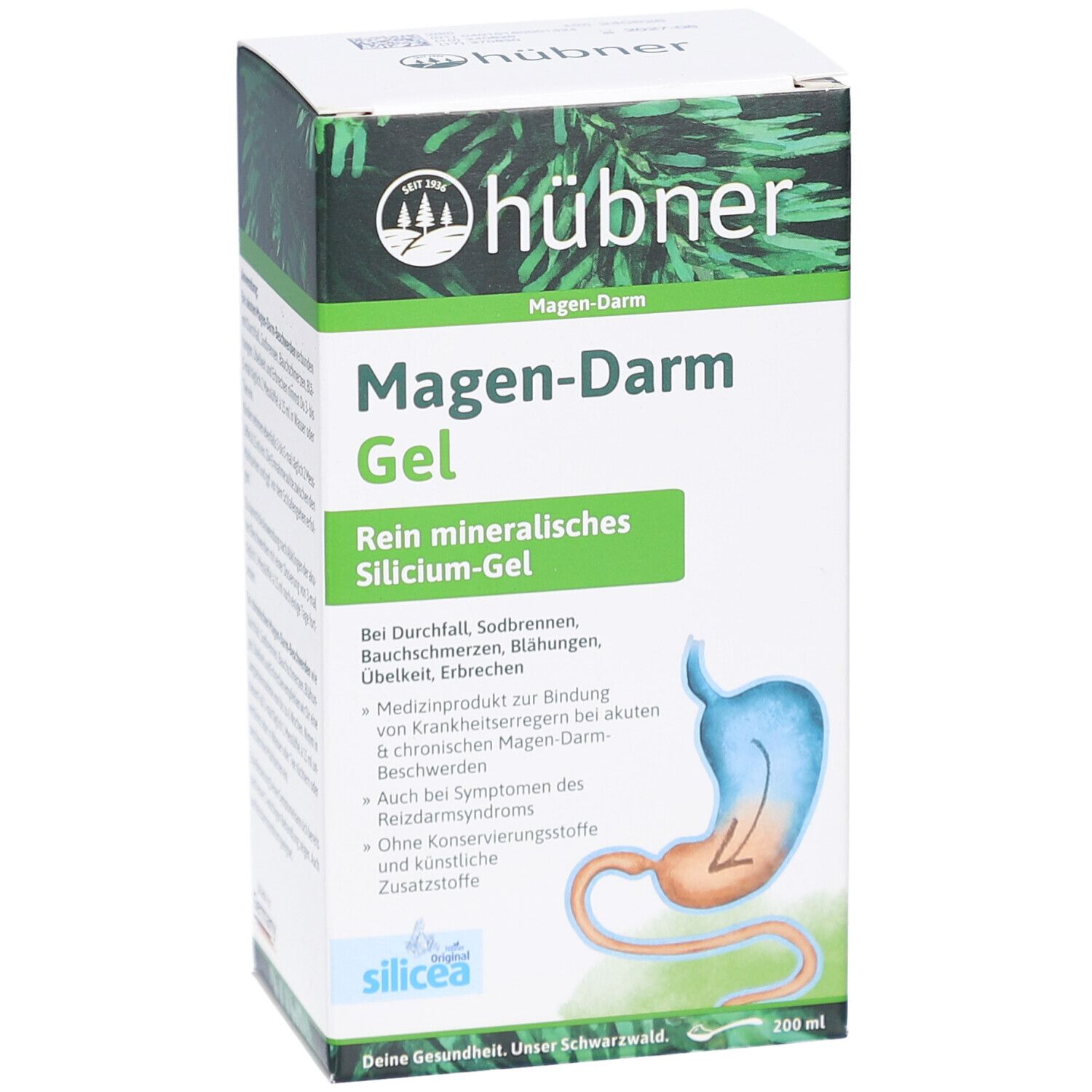HÜBNER Magen-Darm Gel Verpackung. Weißer Karton mit Produktnamen und Logo. Illustration des Verdauungstrakts.