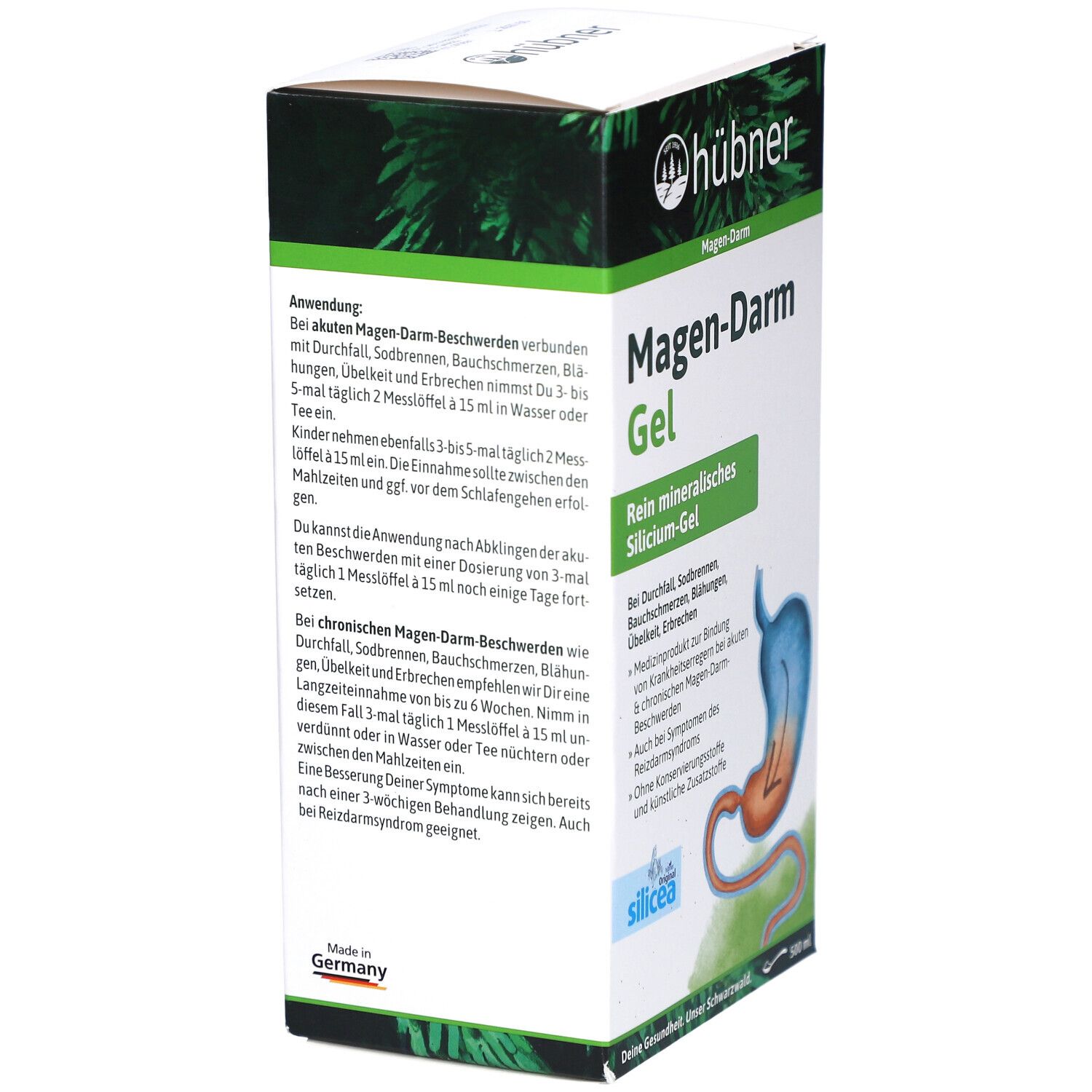 Rückseite der Verpackung von hübner® Magen-Darm Gel. Textinformationen und Anwendungsanweisungen. Hergestellt in Deutschland.